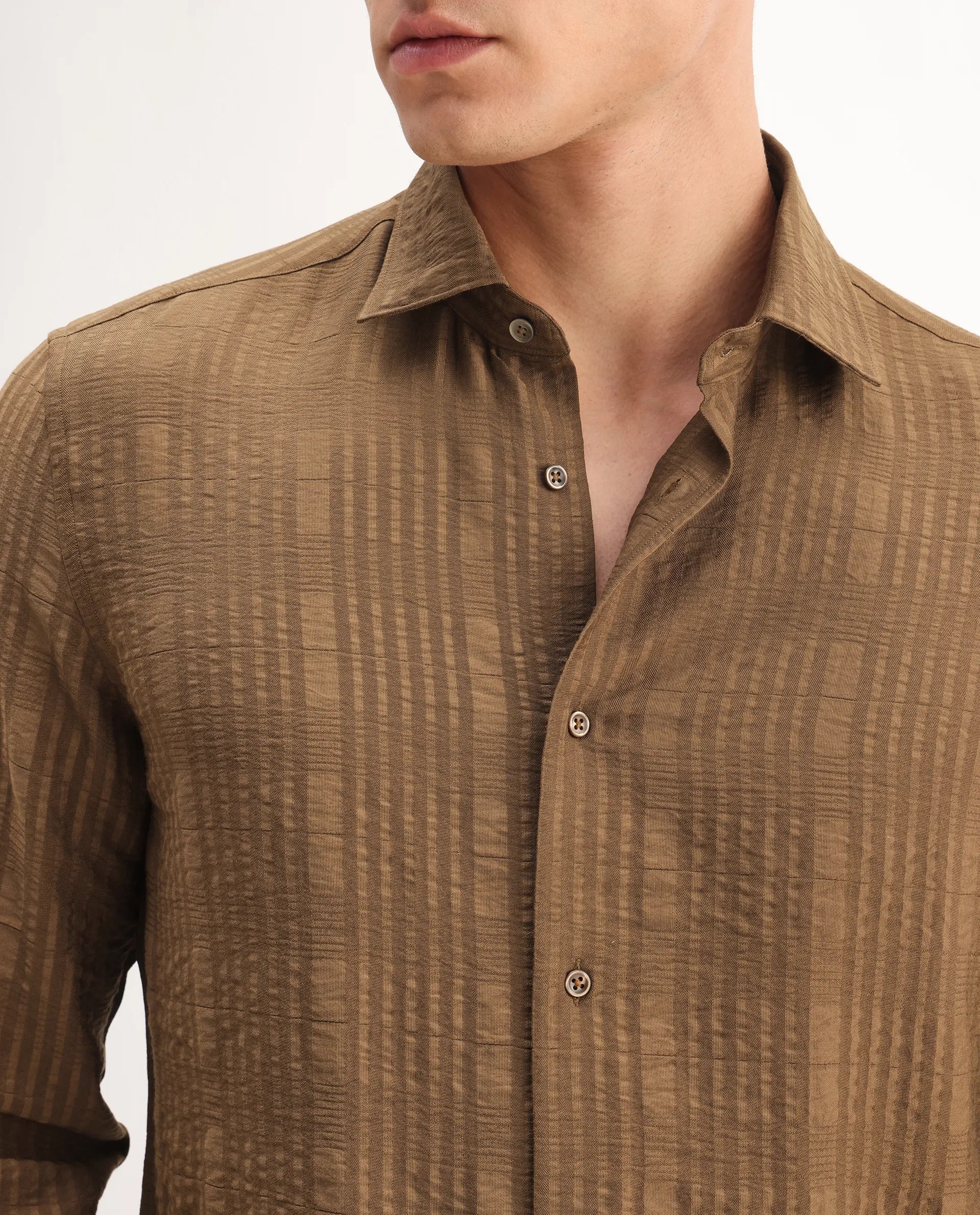Rare Rabbit Men's Vaxo Dusky Mustard Viscose Blend Checked Print Regular Fit Full Sleeve Collared Shirt