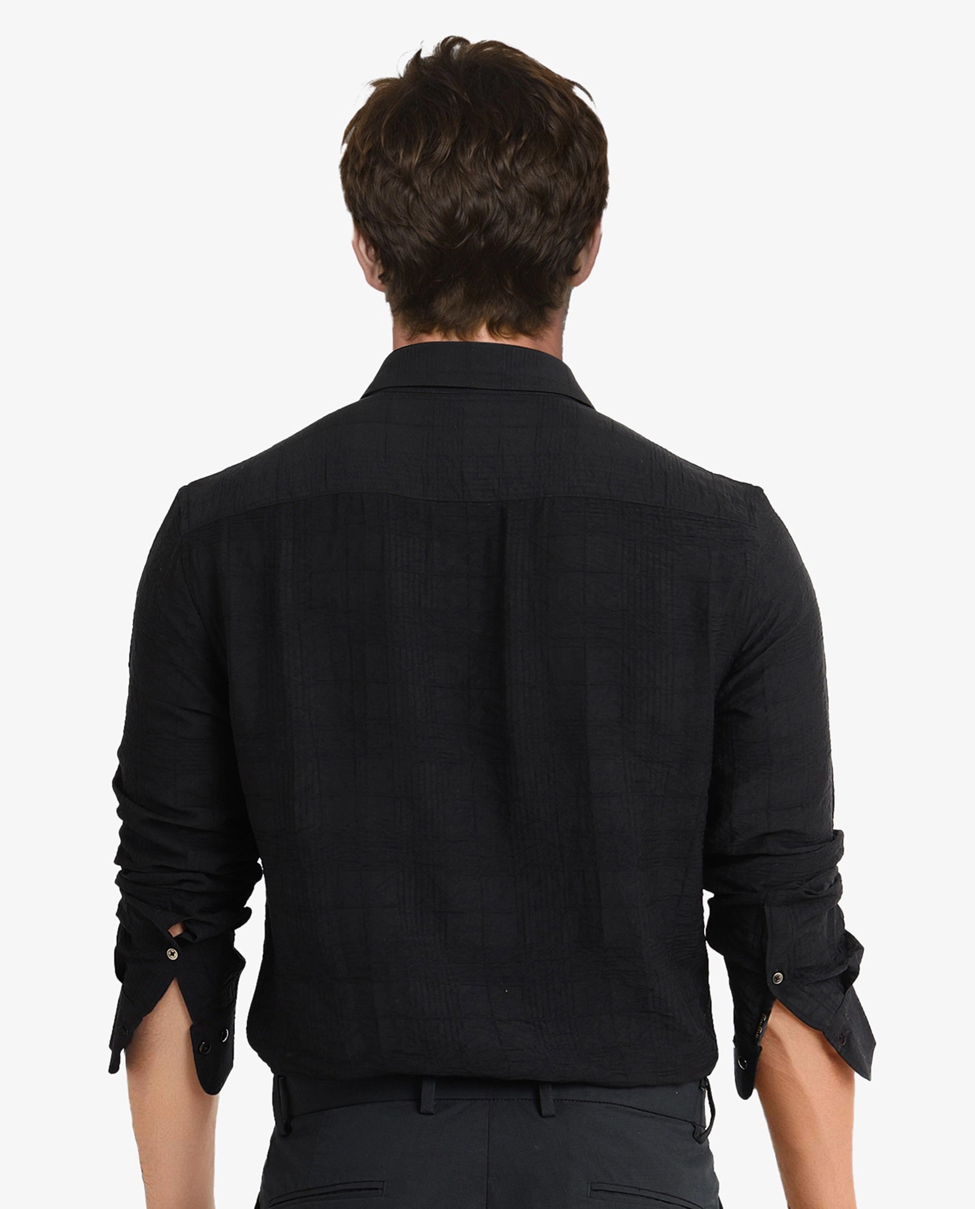 Rare Rabbit Men Vaxon Black Viscose Nylon Fabric Full Sleeve Regular Fit Self Dobby Check Shirt
