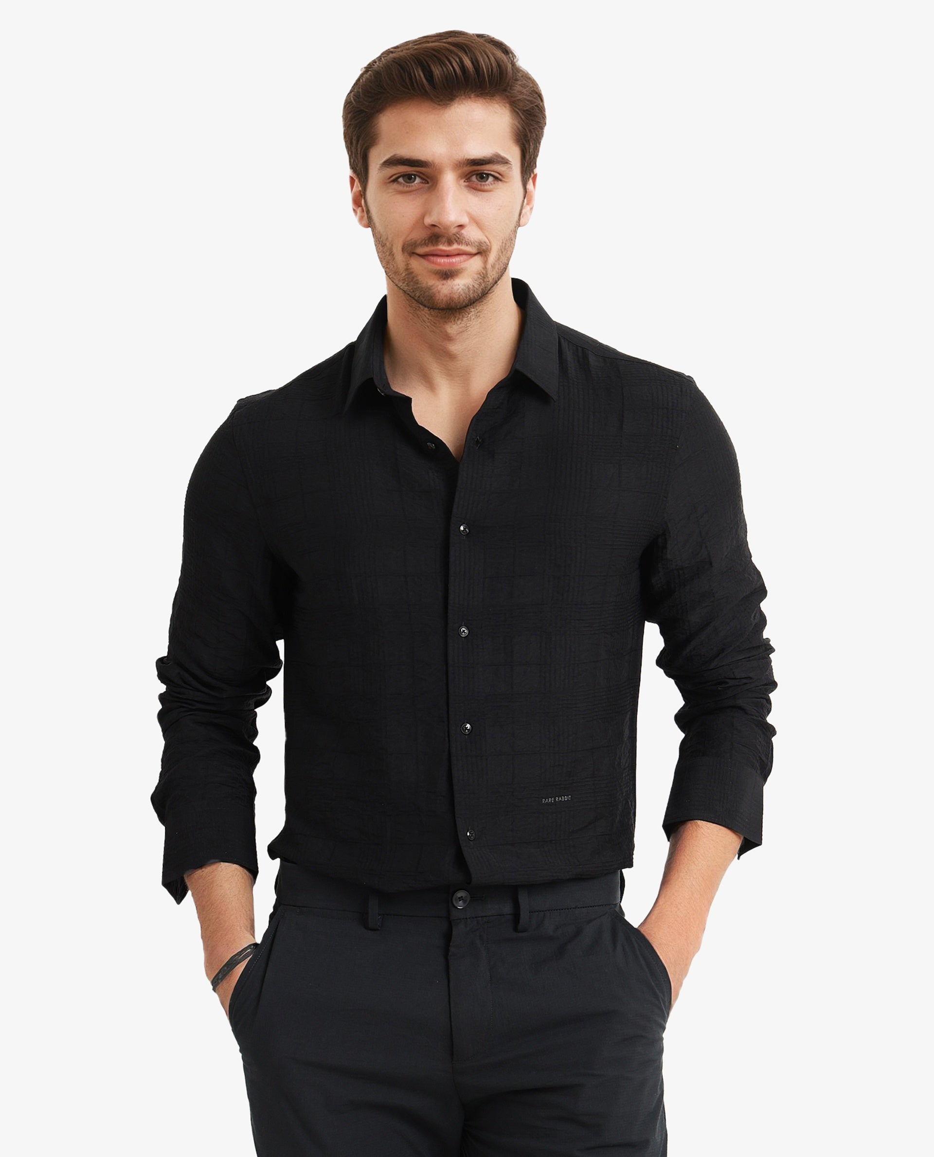 Rare Rabbit Men Vaxon Black Viscose Nylon Fabric Full Sleeve Regular Fit Self Dobby Check Shirt