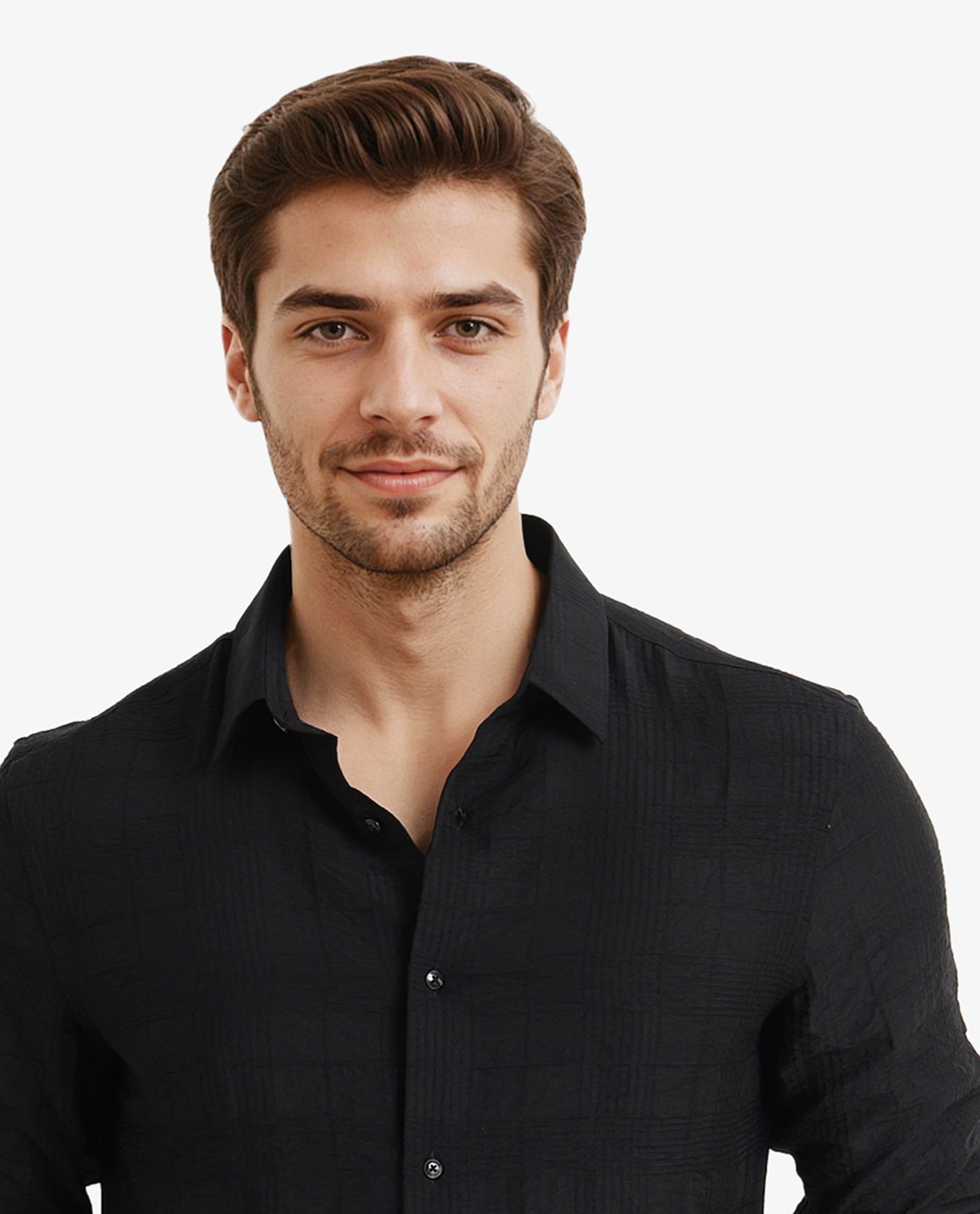 Rare Rabbit Men Vaxon Black Viscose Nylon Fabric Full Sleeve Regular Fit Self Dobby Check Shirt