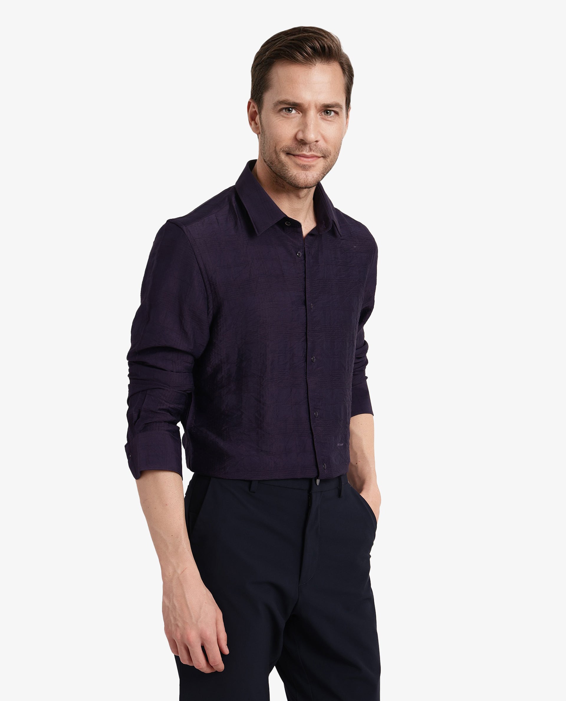 Rare Rabbit Men Vaxon Purple Viscose Nylon Fabric Full Sleeve Regular Fit Self Dobby Check Shirt