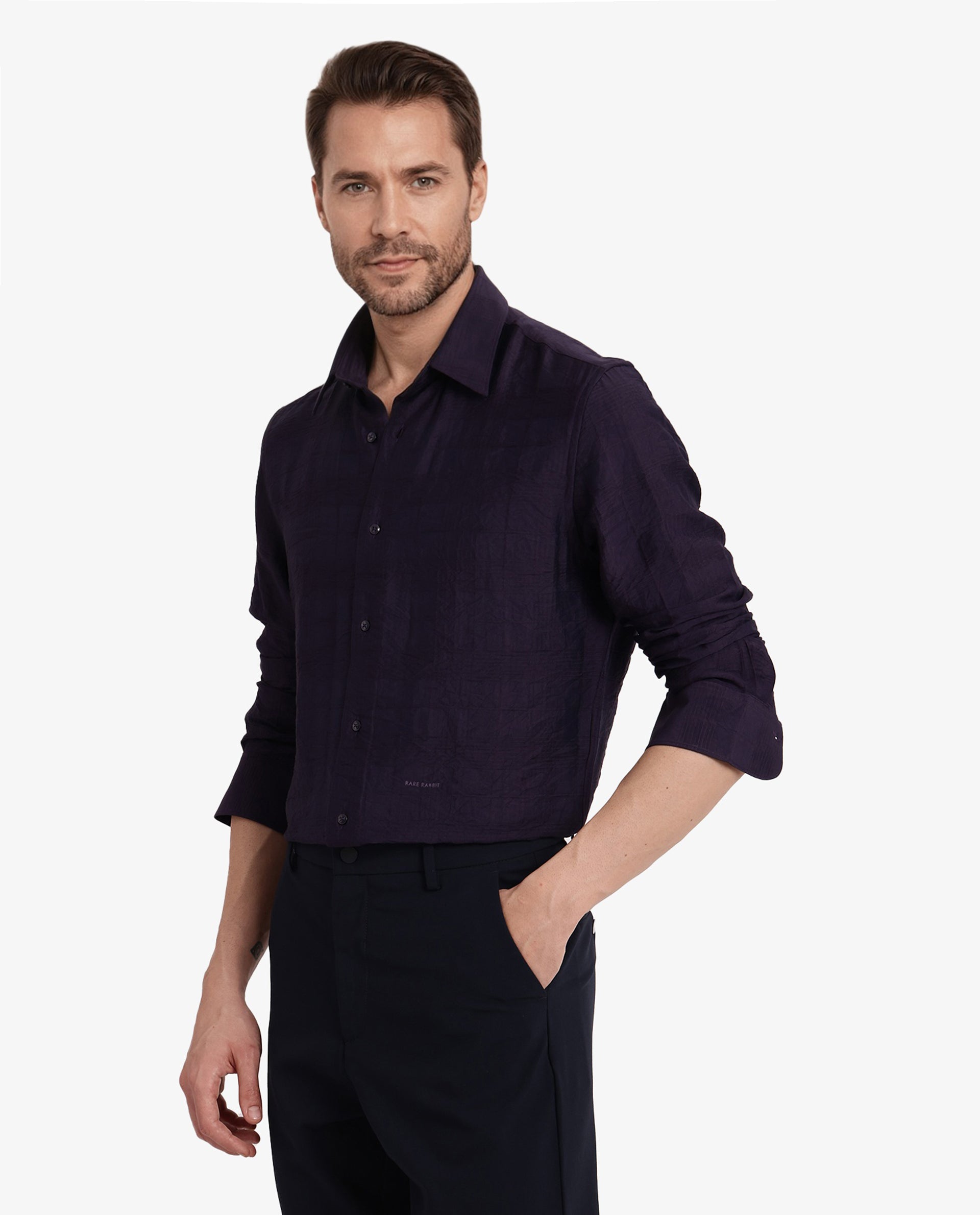 Rare Rabbit Men Vaxon Purple Viscose Nylon Fabric Full Sleeve Regular Fit Self Dobby Check Shirt