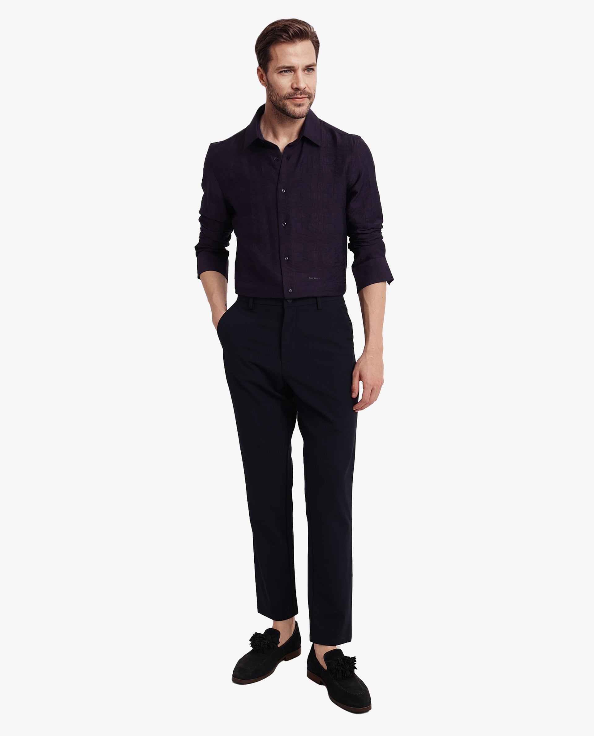 Rare Rabbit Men Vaxon Purple Viscose Nylon Fabric Full Sleeve Regular Fit Self Dobby Check Shirt