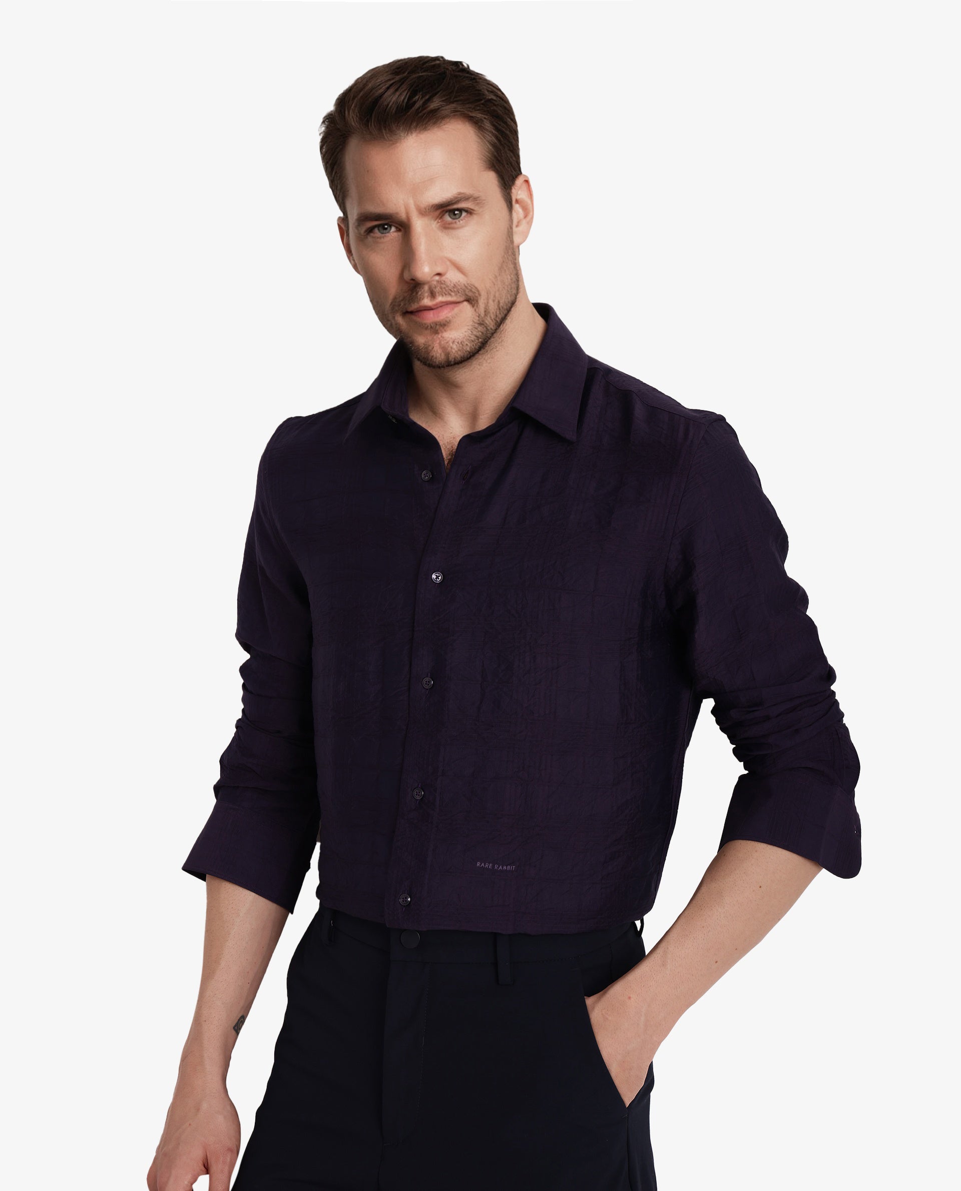 Rare Rabbit Men Vaxon Purple Viscose Nylon Fabric Full Sleeve Regular Fit Self Dobby Check Shirt