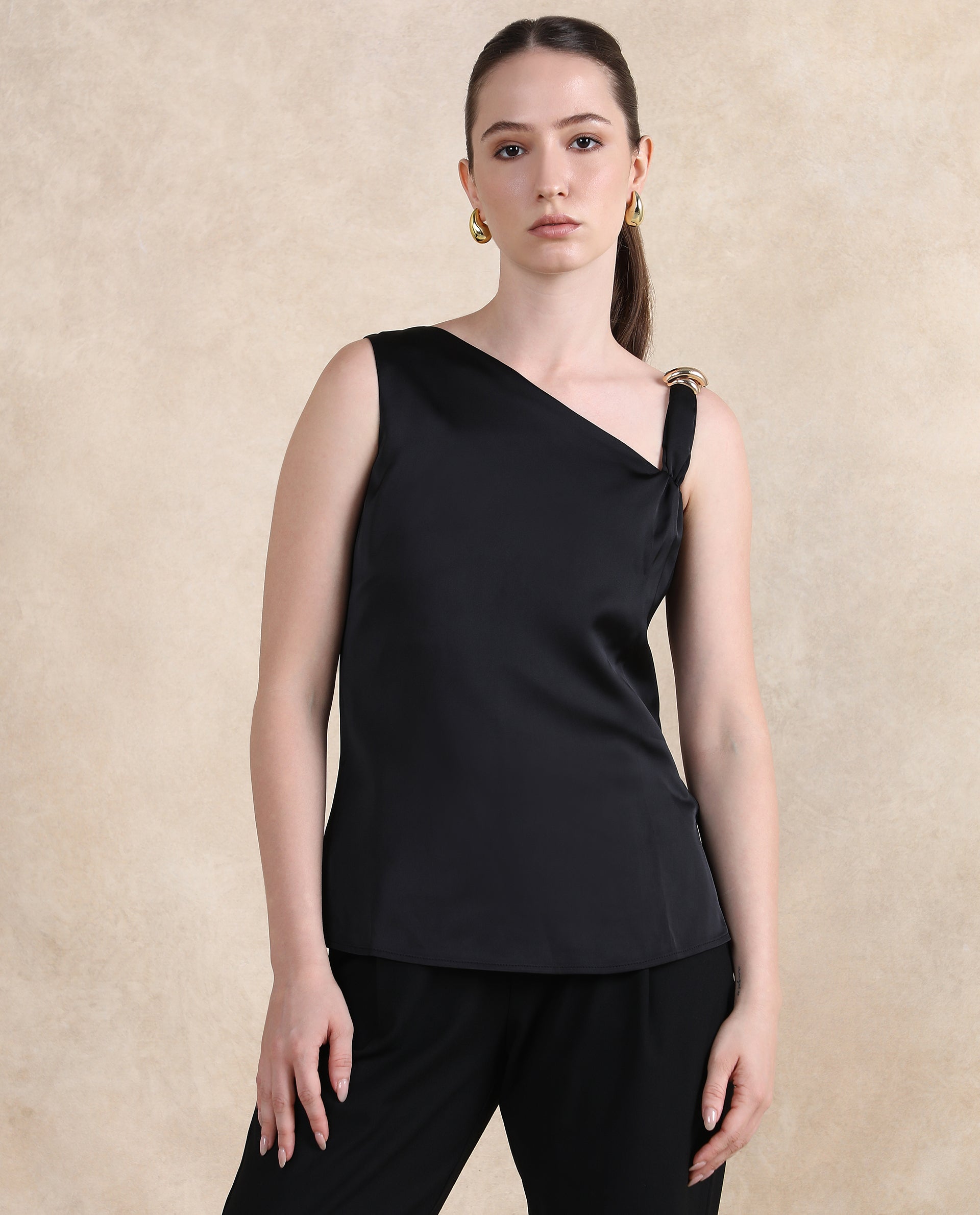 Rareism Women's Vaxter Black Polyester Asymmetric Neck Plain Sleeveless Regular Fit Top