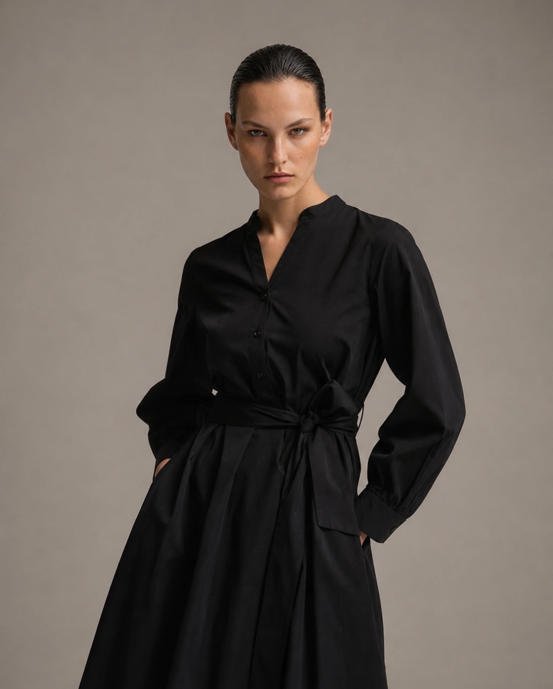 Rareism Women's Vayda Black Cotton Full Sleeve A-Line Plain Dress