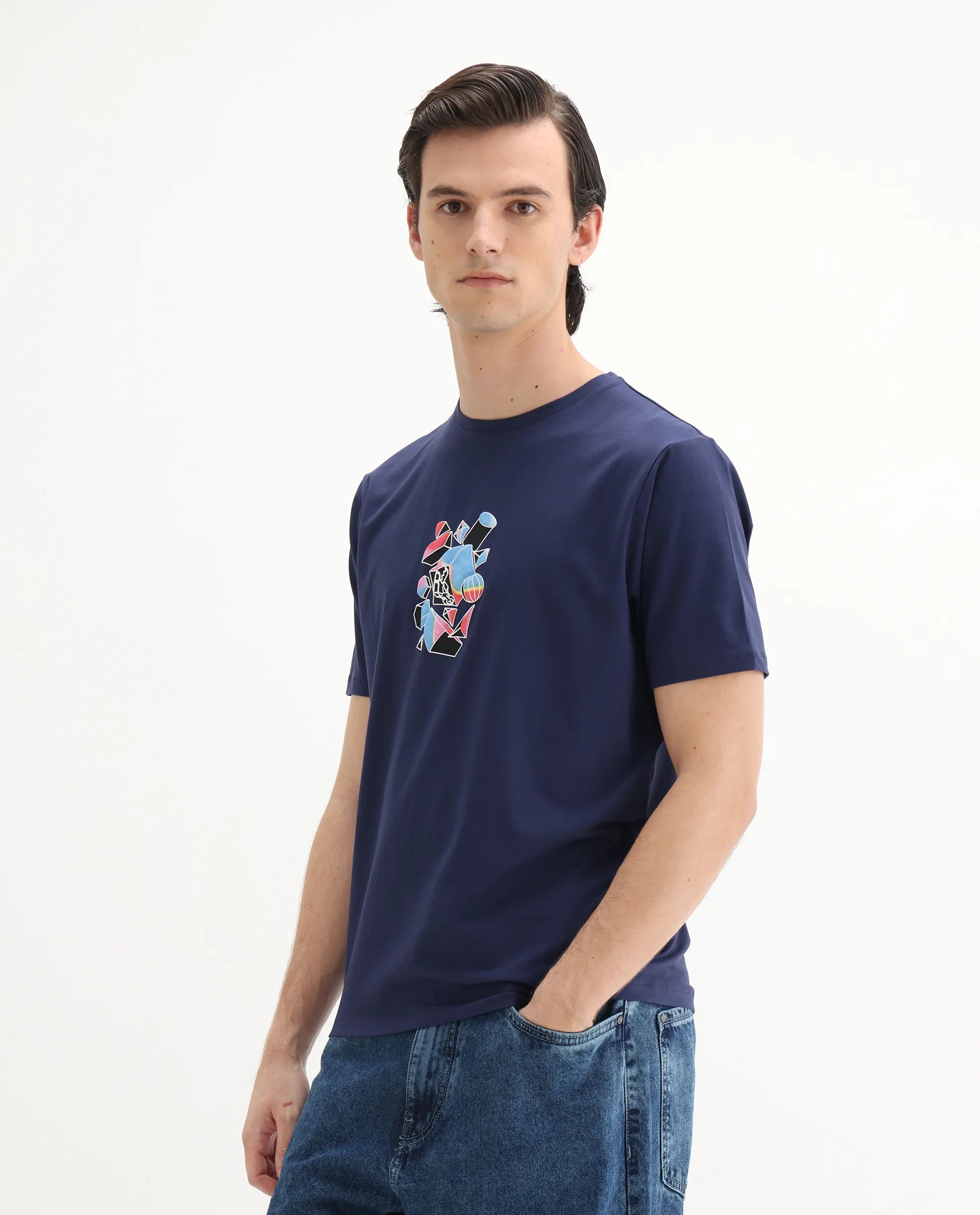 Rare Rabbit Men's Vazo Dark Blue Cotton Blend Graphic Print Regular Fit Half Sleeve Crew Neck T-Shirt