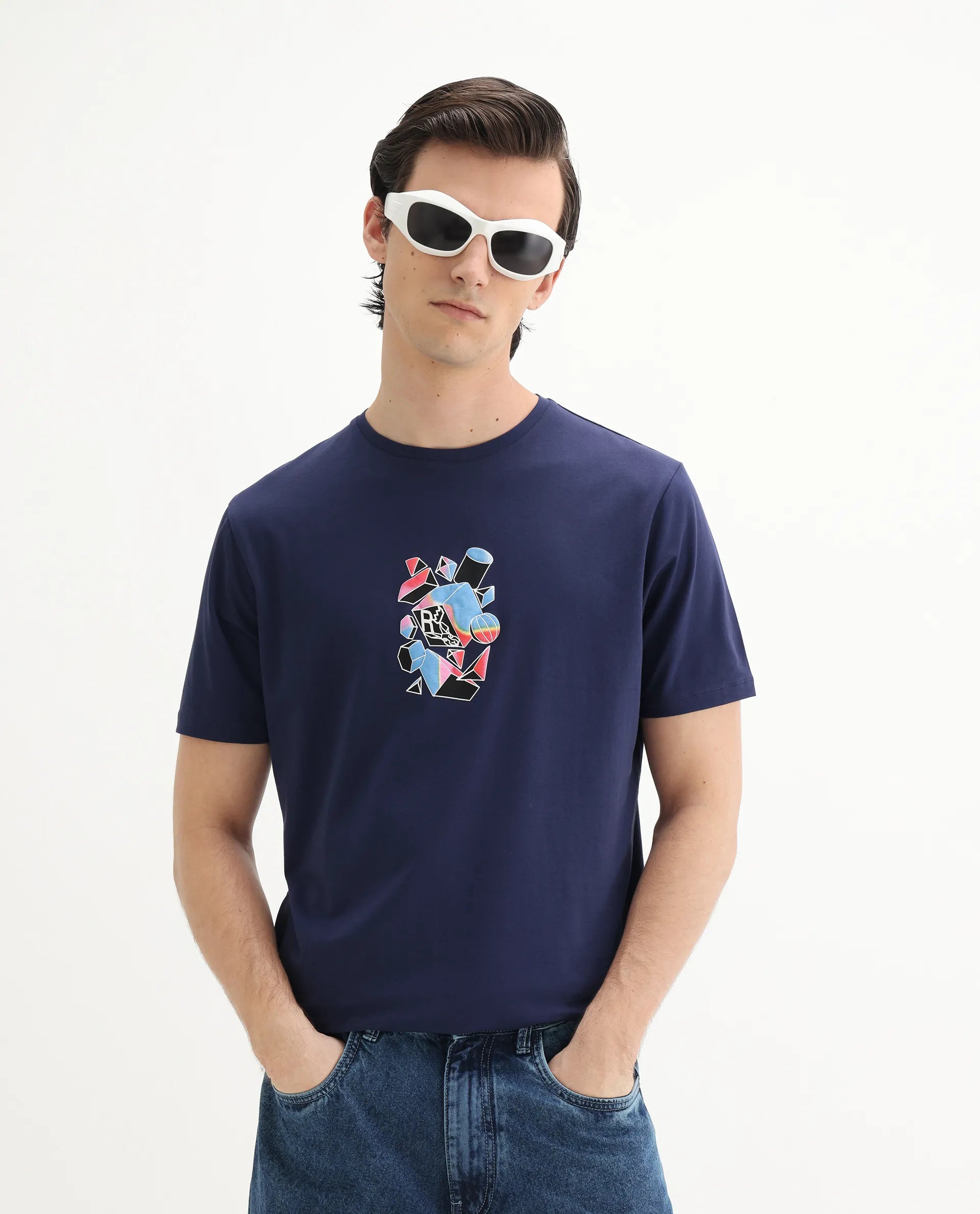 Rare Rabbit Men's Vazo Dark Blue Cotton Blend Graphic Print Regular Fit Half Sleeve Crew Neck T-Shirt