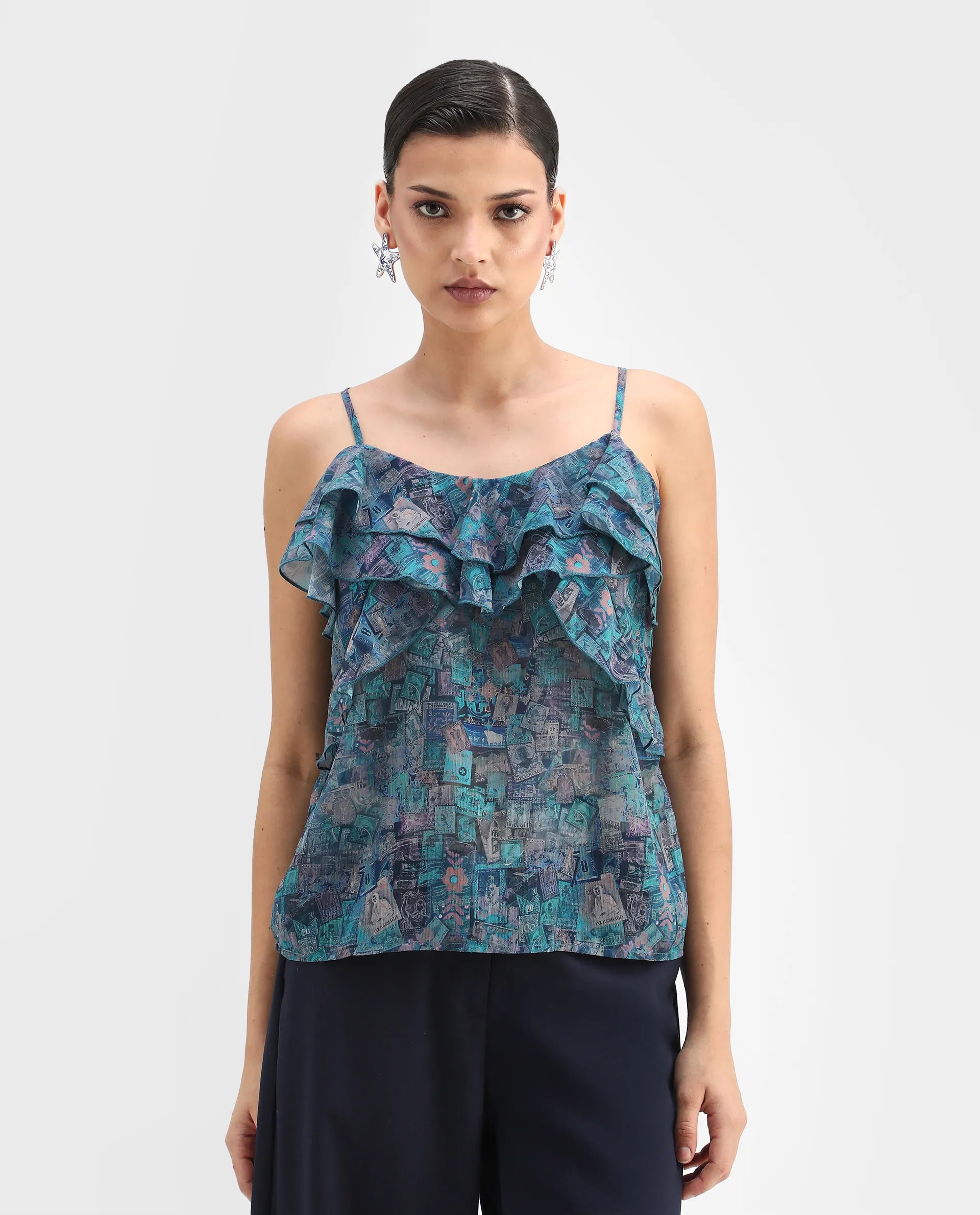 Rareism Women's Vciktg Multi Polyester V-Neck Object Print Sleeveless Regular Fit Top