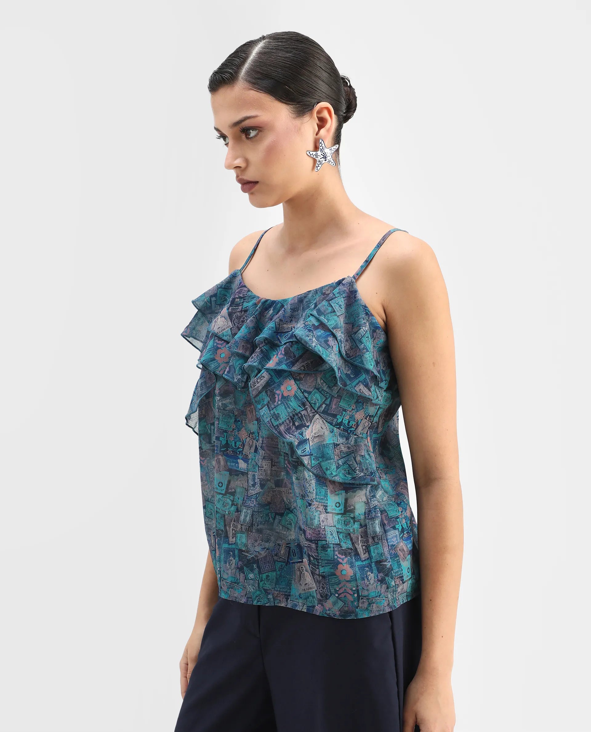 Rareism Women's Vciktg Multi Polyester V-Neck Object Print Sleeveless Regular Fit Top