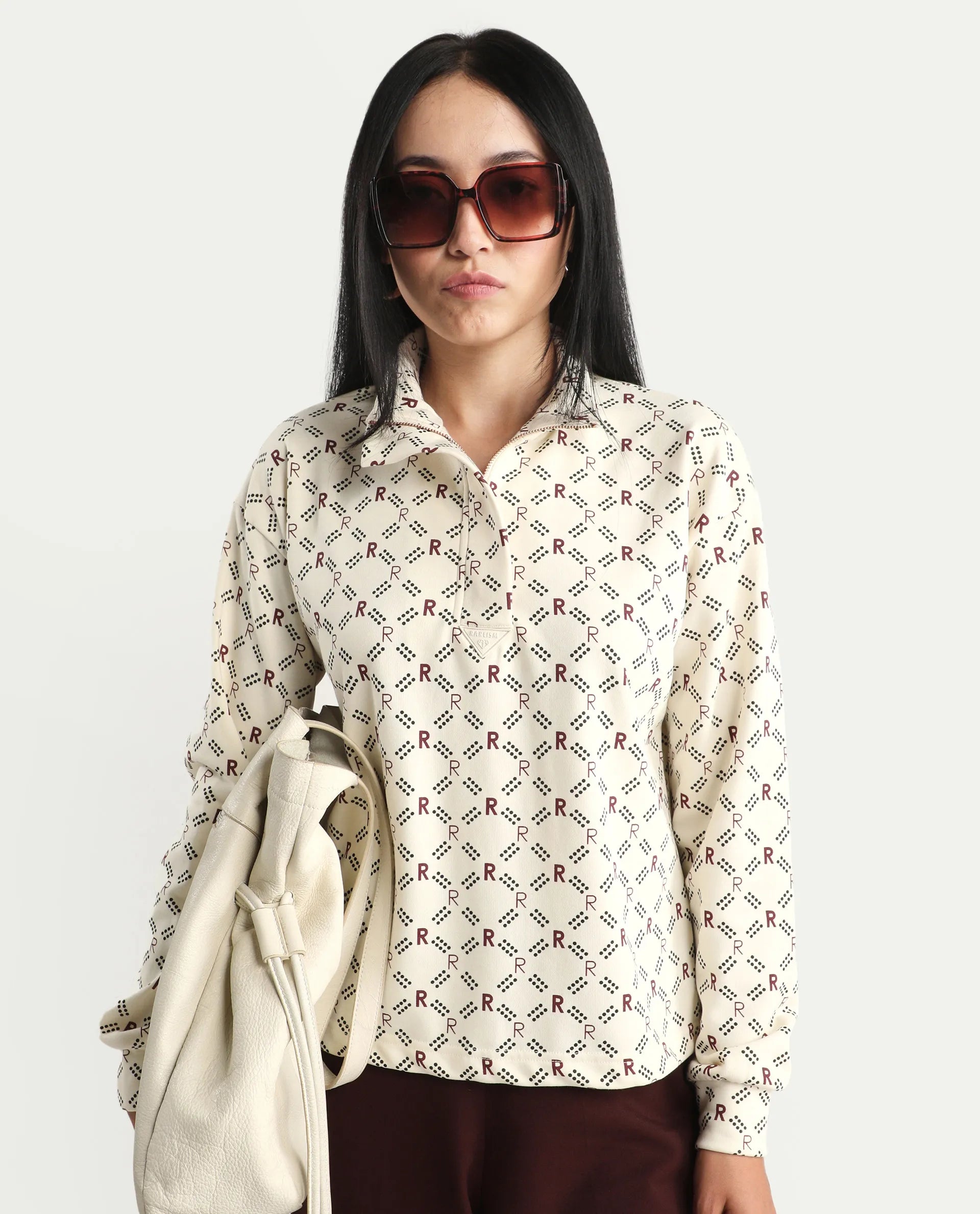 Rareism Women's Vecna Beige Polyester Blend Spread Collar Monogram Print Relaxed Fit Sweatshirt
