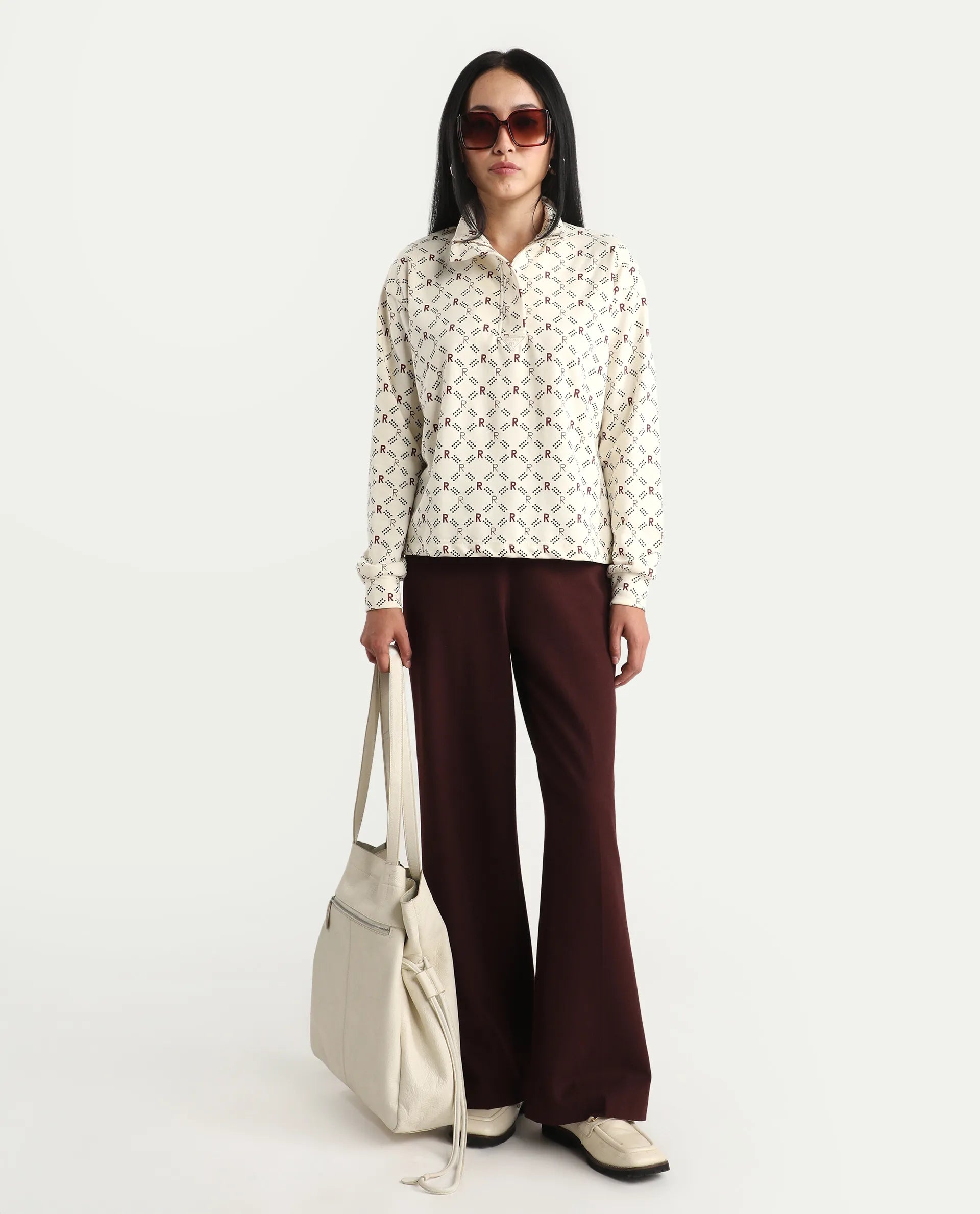 Rareism Women's Vecna Beige Polyester Blend Spread Collar Monogram Print Relaxed Fit Sweatshirt