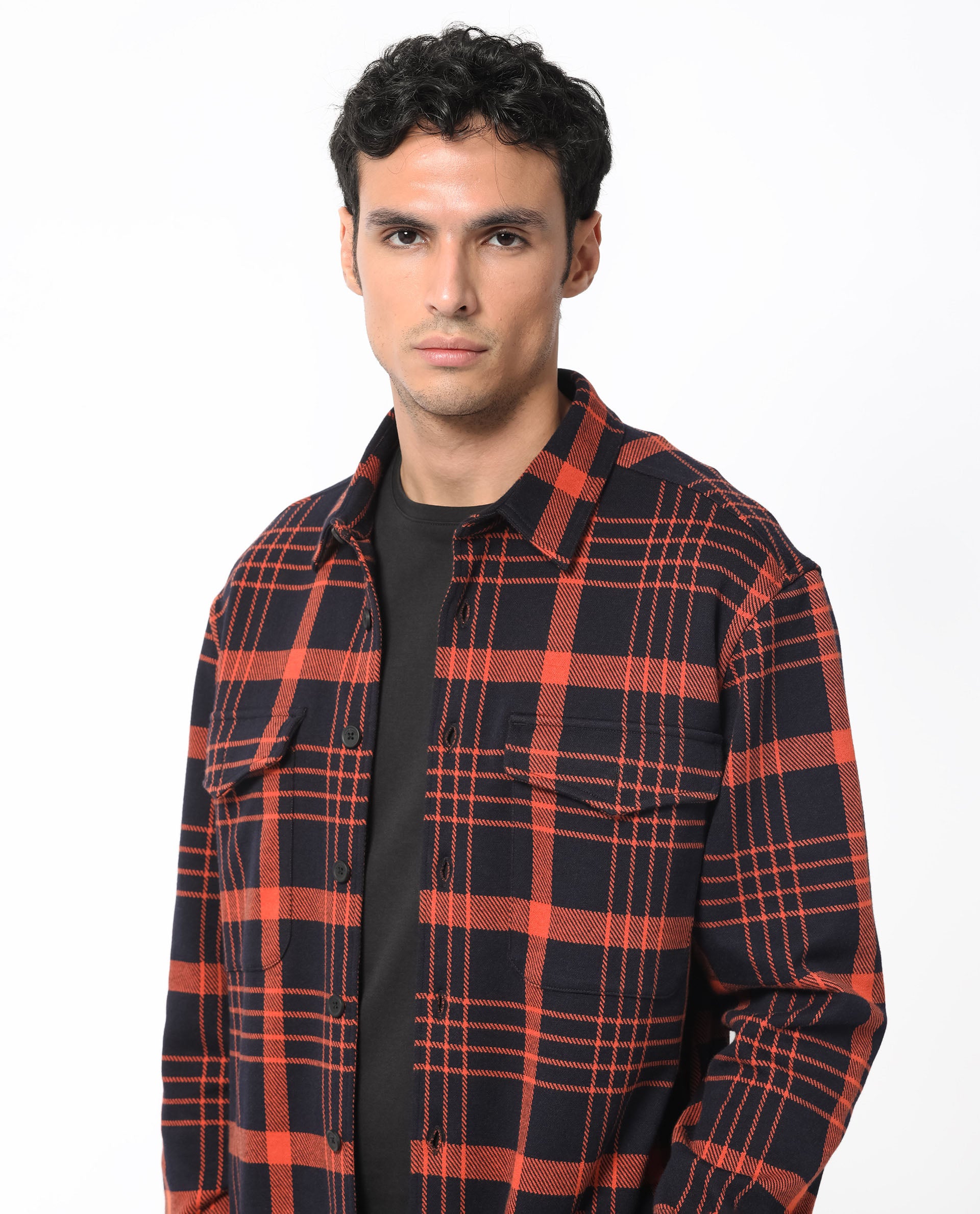 Rare Rabbit Men's Vega Black Cotton Polyester Fabric Full Sleeves Button Closure Checks Shacket