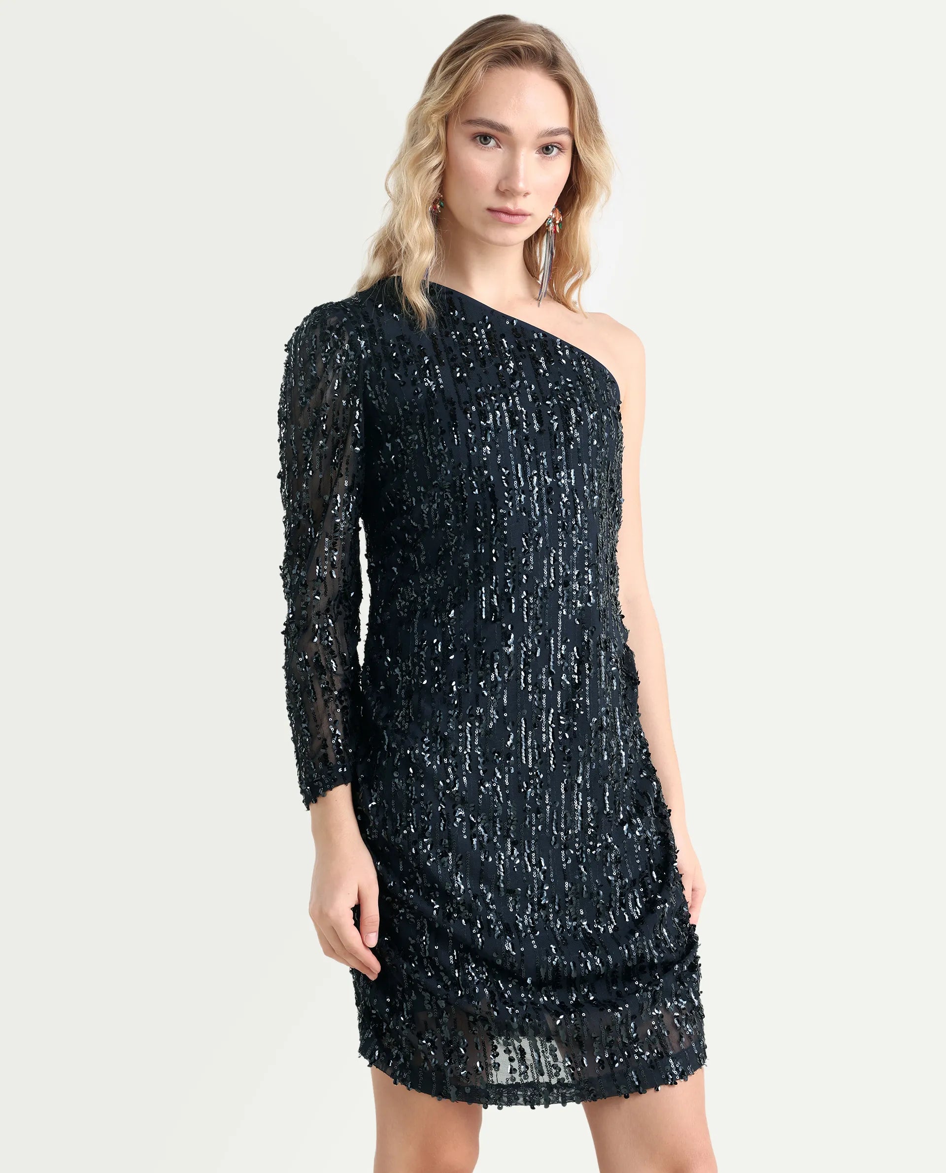 Rareism Women's Vegas Metallic Navy Knit One Shoulder Sequined One Shoulder Knee Length Bodycon Dress