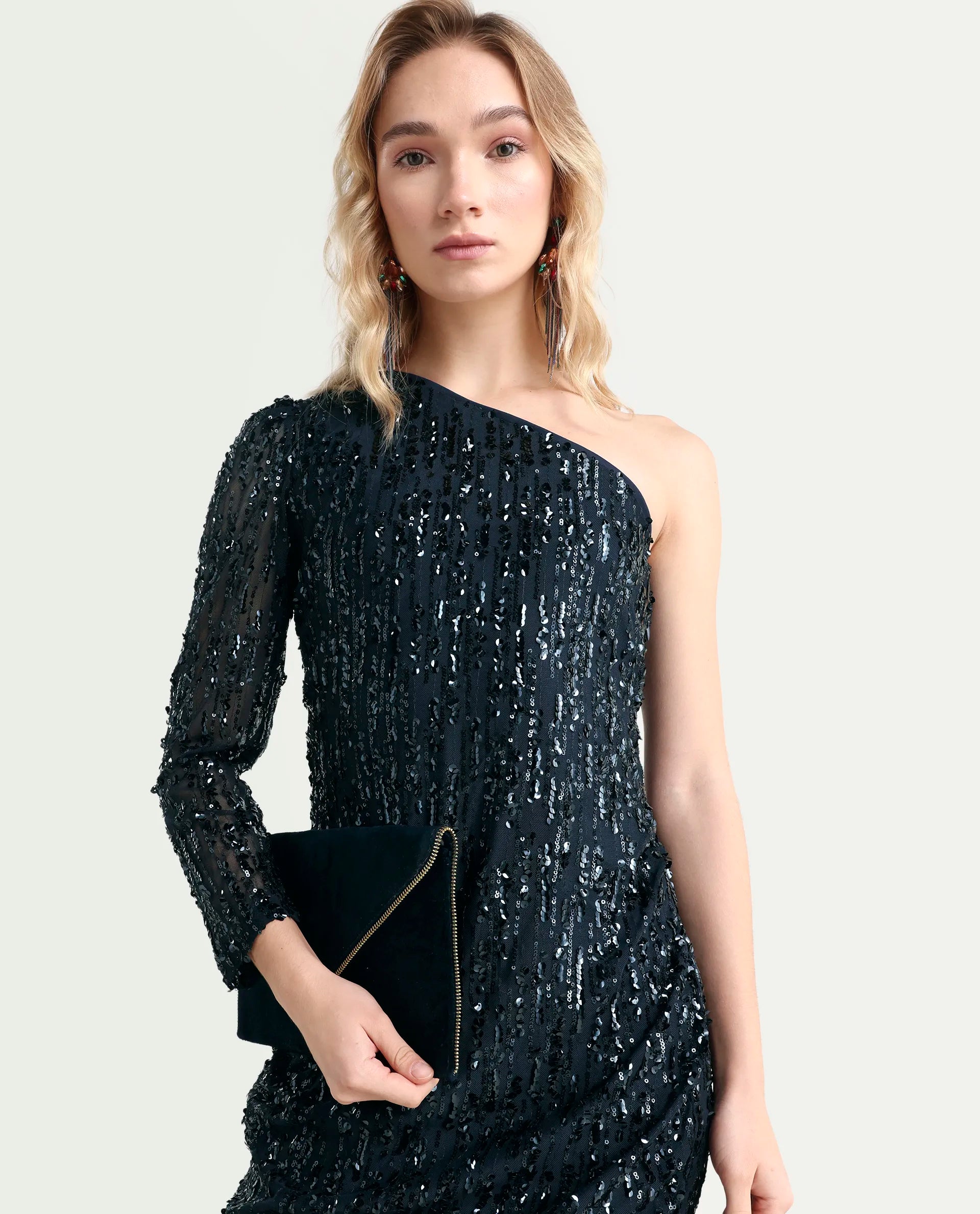 Rareism Women's Vegas Metallic Navy Knit One Shoulder Sequined One Shoulder Knee Length Bodycon Dress