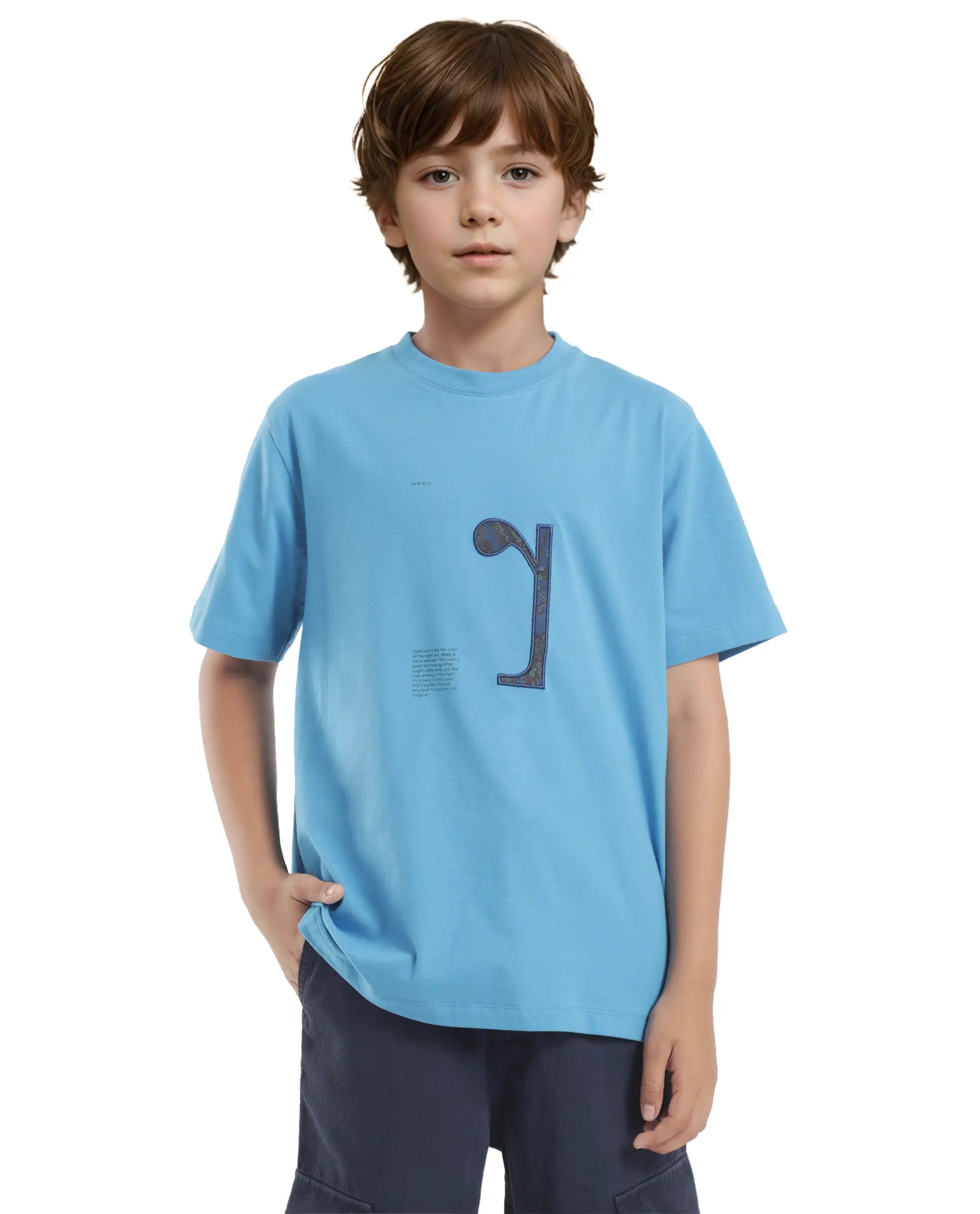 Rare Ones Kids Vel Blue Cotton Half Sleeves Crew Neck Embroidered Print T-Shirt