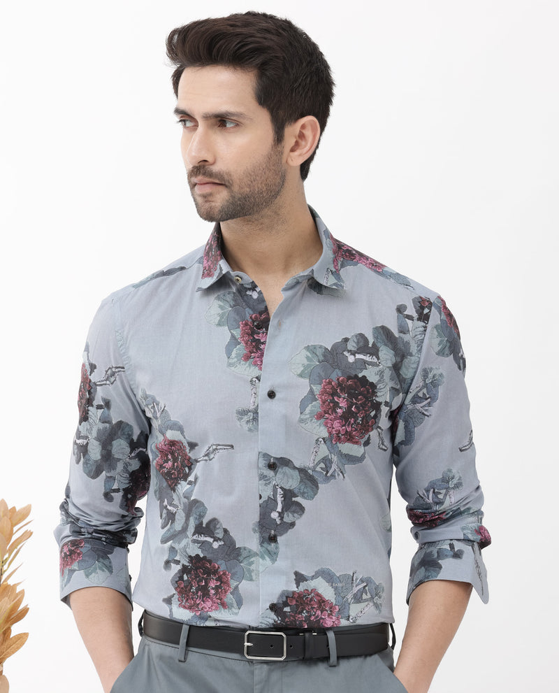Rare Rabbit Mens Velem Grey Full Sleeve Regular Fit Floral Print Shirt