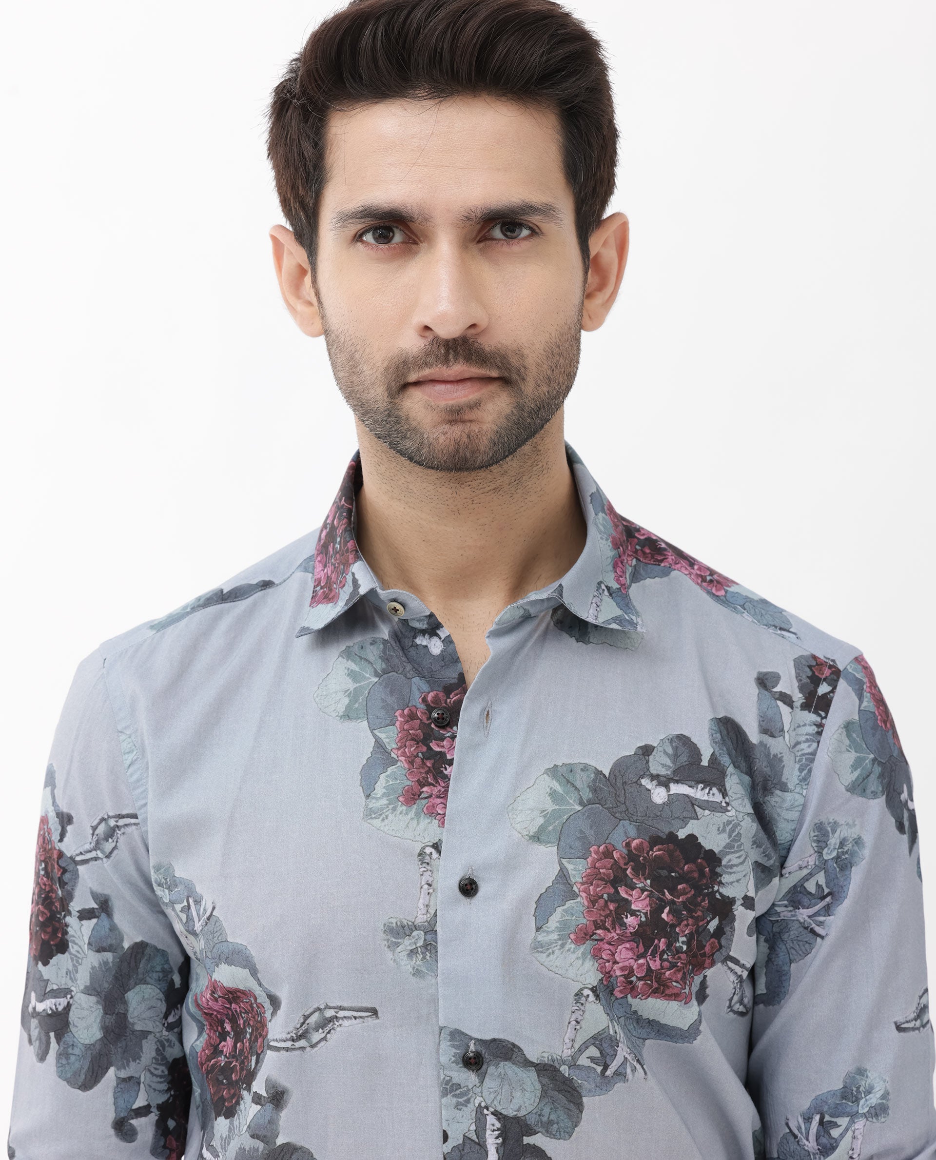 Rare Rabbit Mens Velem Grey Viscose Fabric Full Sleeve Regular Fit Floral Print Shirt