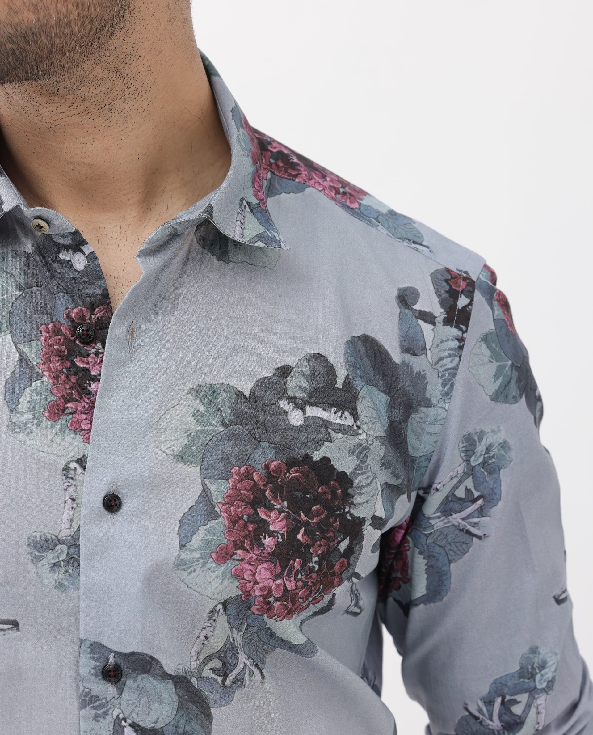 Rare Rabbit Mens Velem Grey Viscose Fabric Full Sleeve Regular Fit Floral Print Shirt