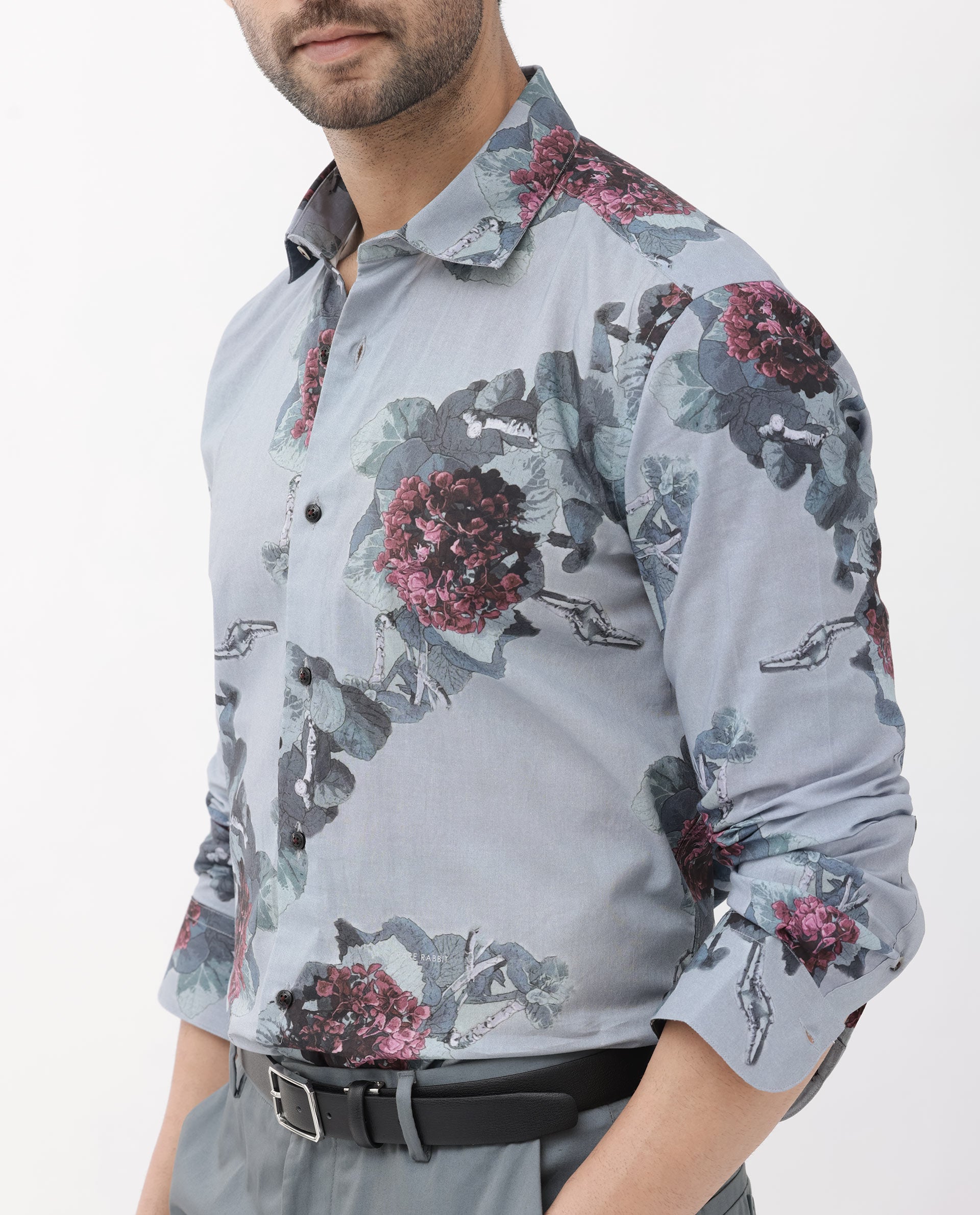 Rare Rabbit Mens Velem Grey Viscose Fabric Full Sleeve Regular Fit Floral Print Shirt