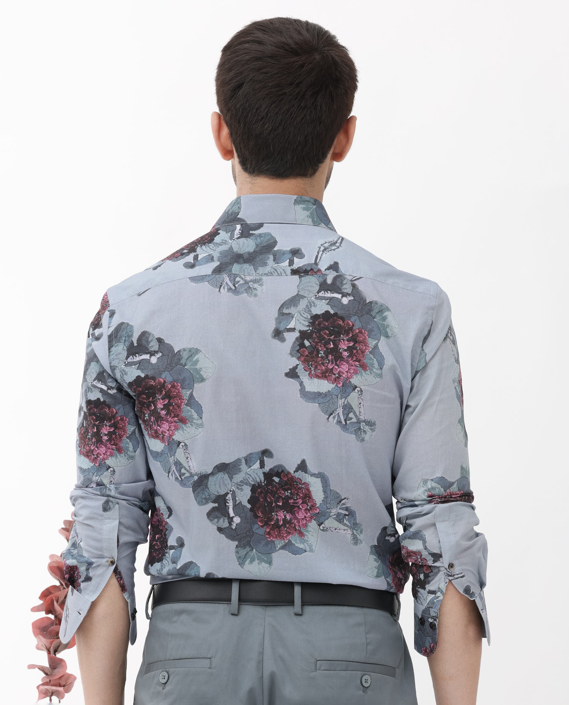 Rare Rabbit Mens Velem Grey Viscose Fabric Full Sleeve Regular Fit Floral Print Shirt