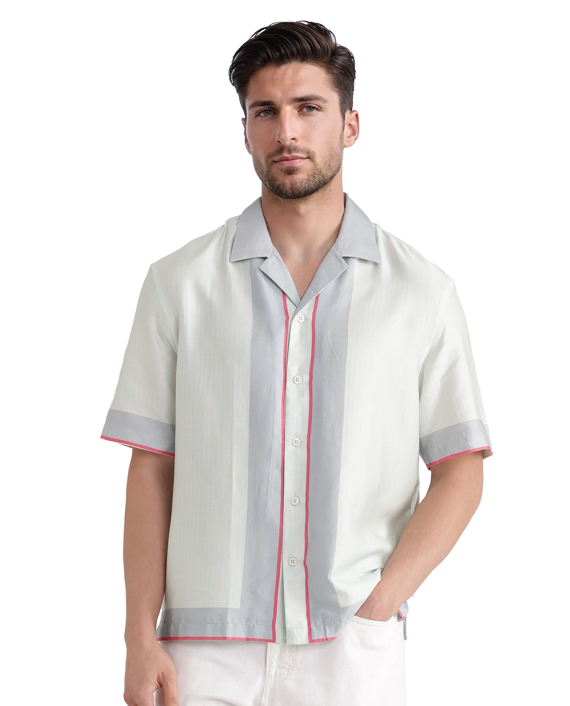 Rare Rabbit Men Velix Blue Cotton Modal Fabric Cuban Collared Boxy Fit Houndstooth Print Shirt