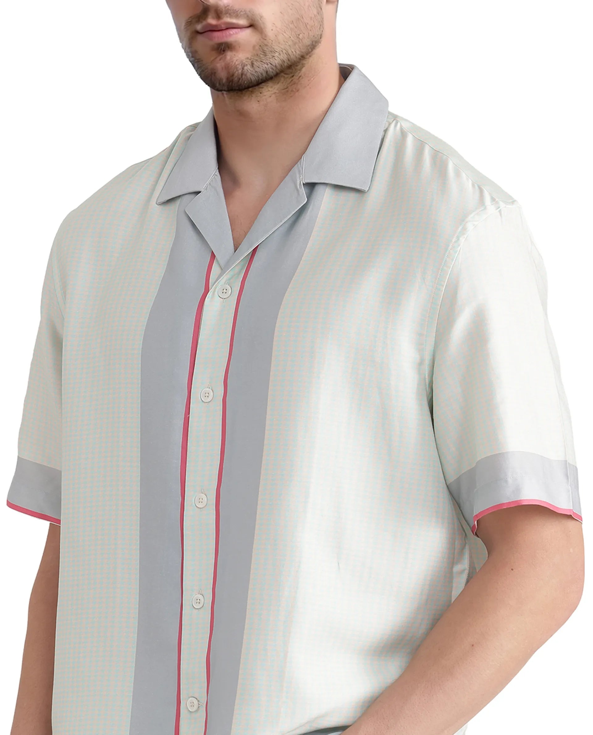 Rare Rabbit Men Velix Blue Cotton Modal Fabric Cuban Collared Boxy Fit Houndstooth Print Shirt