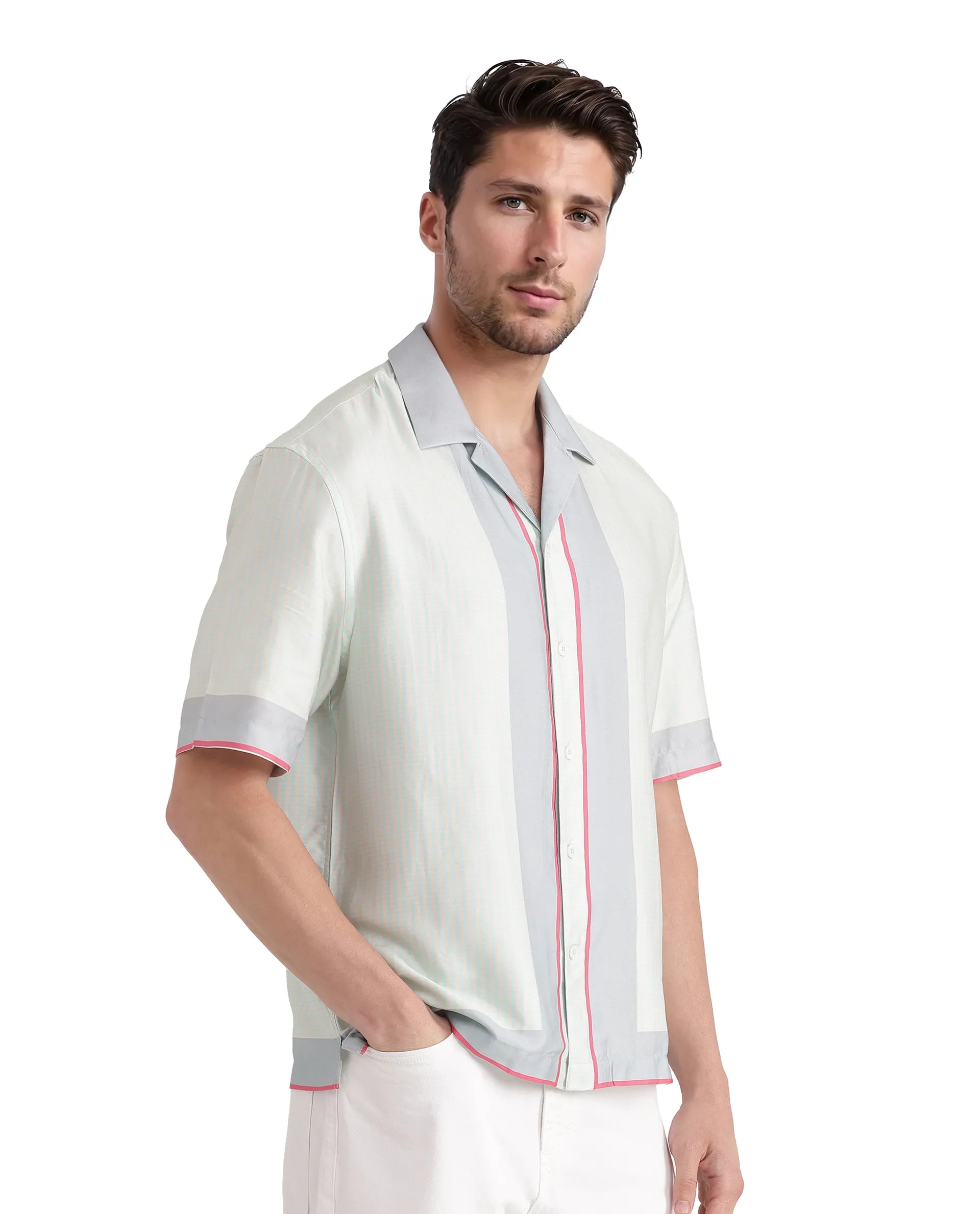 Rare Rabbit Men Velix Blue Cotton Modal Fabric Cuban Collared Boxy Fit Houndstooth Print Shirt