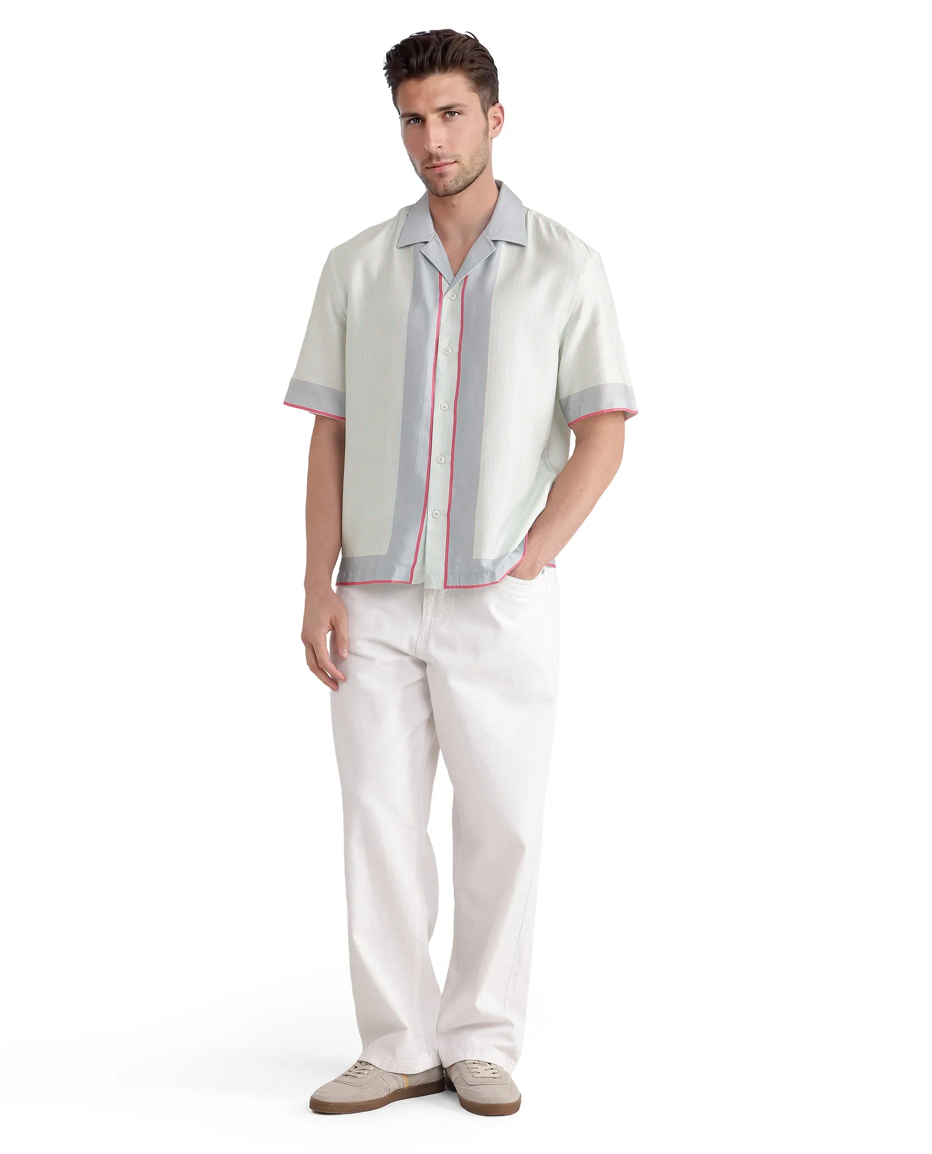 Rare Rabbit Men Velix Blue Cotton Modal Fabric Cuban Collared Boxy Fit Houndstooth Print Shirt