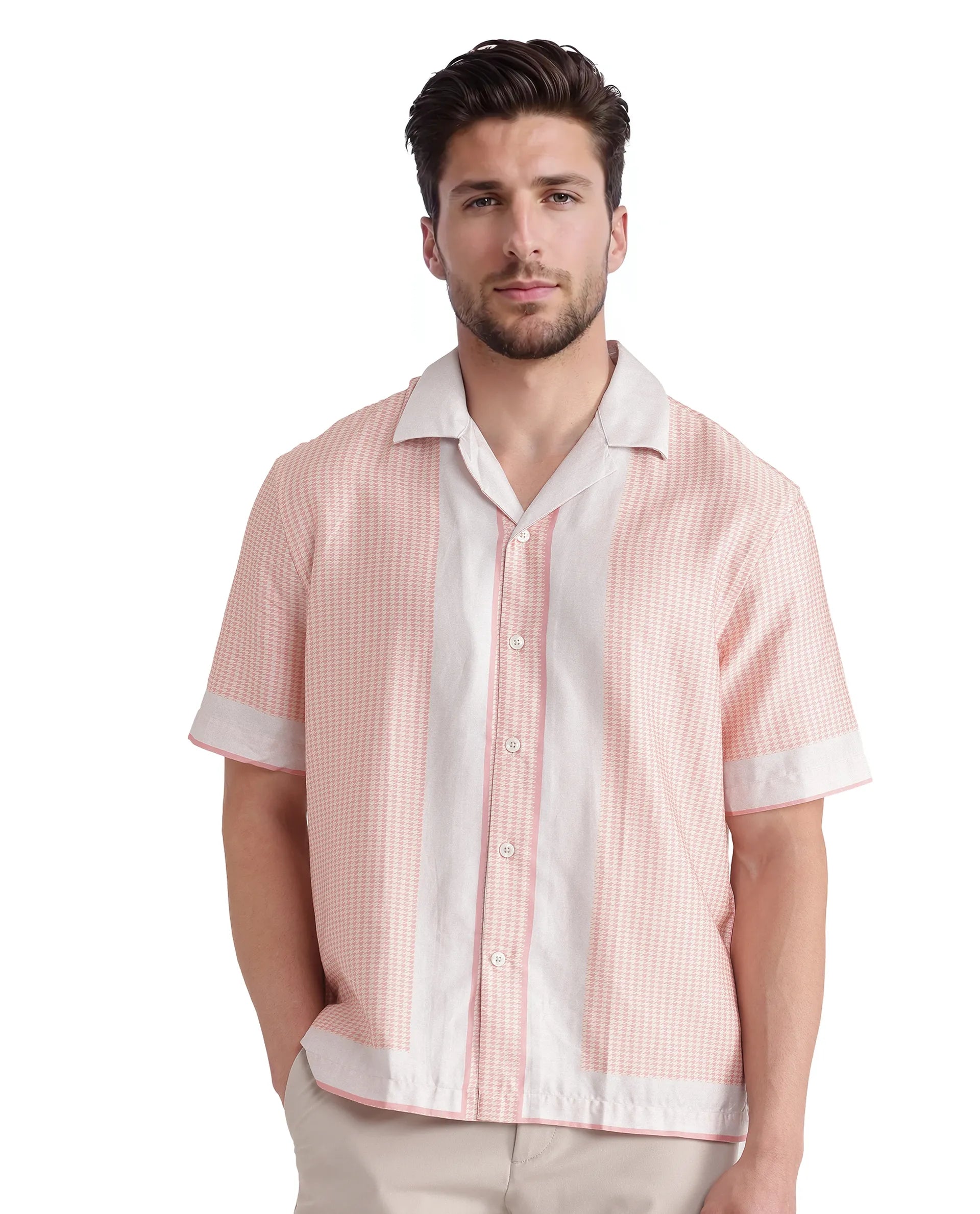Rare Rabbit Men Velix Light Pink Cotton Modal Fabric Cuban Collared Boxy Fit Houndstooth Print Shirt