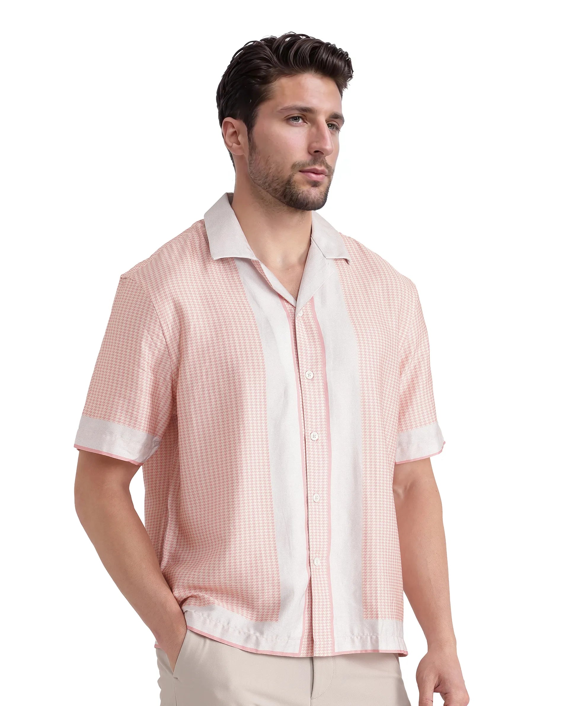 Rare Rabbit Men Velix Light Pink Cotton Modal Fabric Cuban Collared Boxy Fit Houndstooth Print Shirt