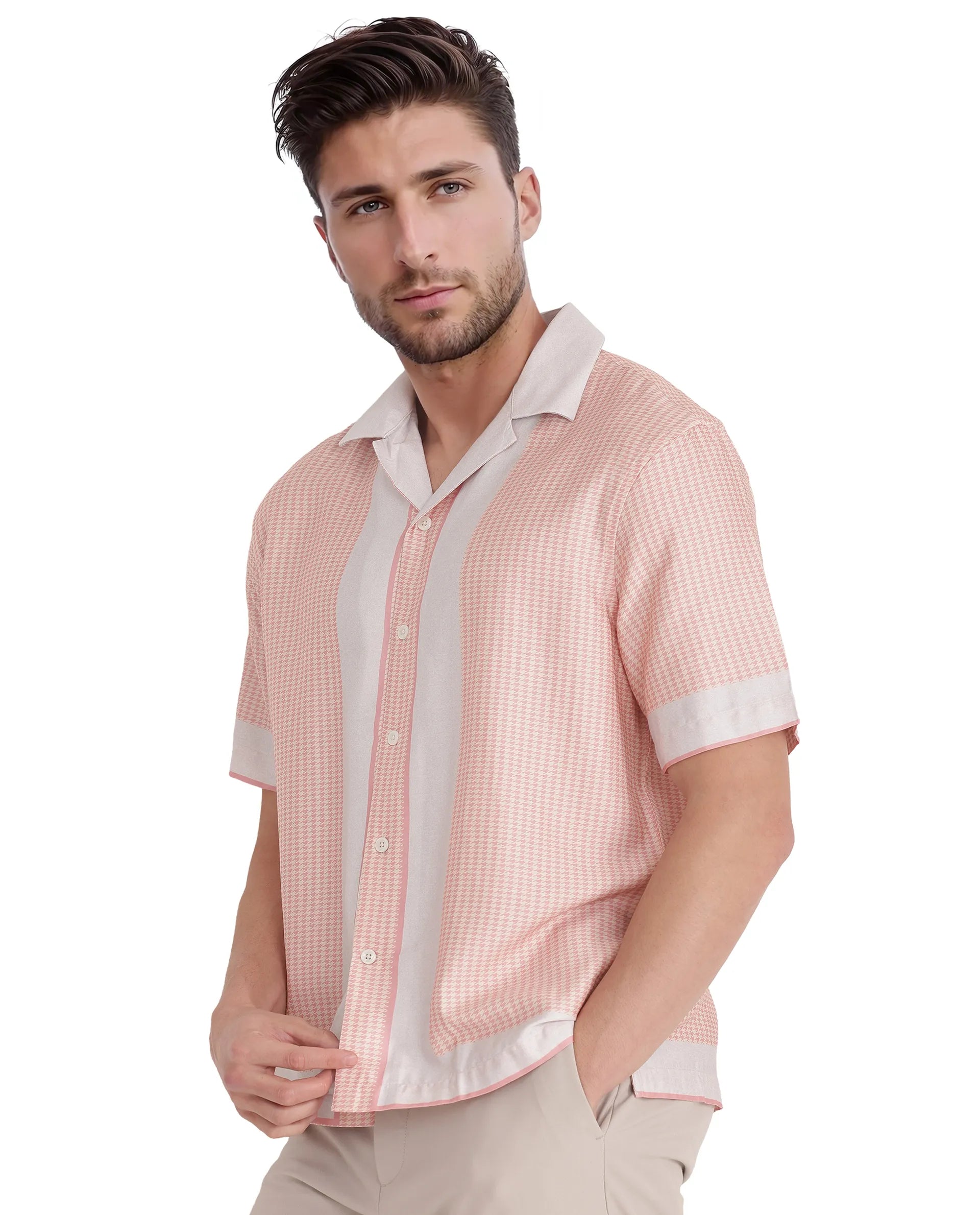 Rare Rabbit Men Velix Light Pink Cotton Modal Fabric Cuban Collared Boxy Fit Houndstooth Print Shirt