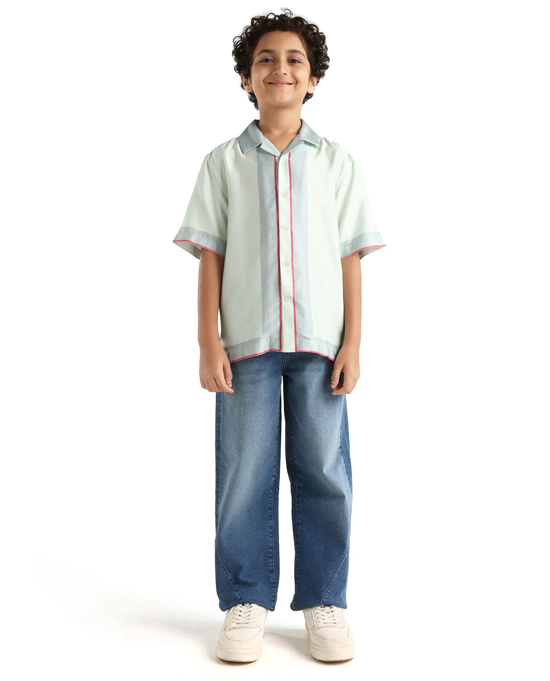 Rare Ones Kids Velix Pastel Blue Cotton Blend Striped Button Closure Regular Fit Shirt