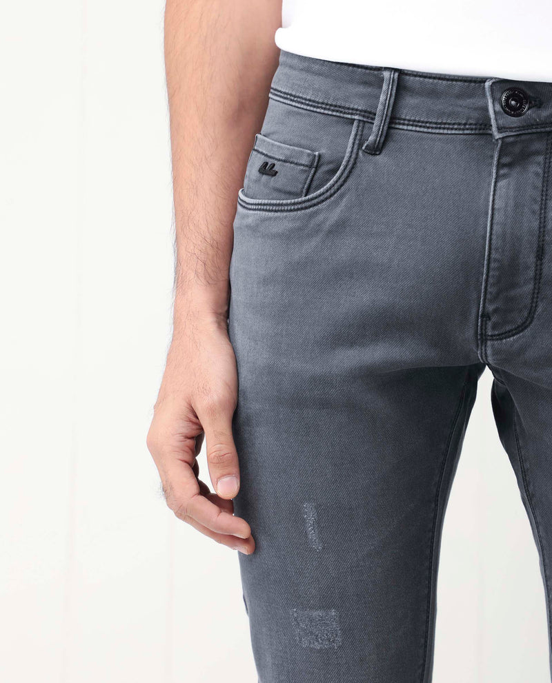 Rare Rabbit Men's Velles Dark Grey Mid Wash Mid-Rise Slim Fit Jeans