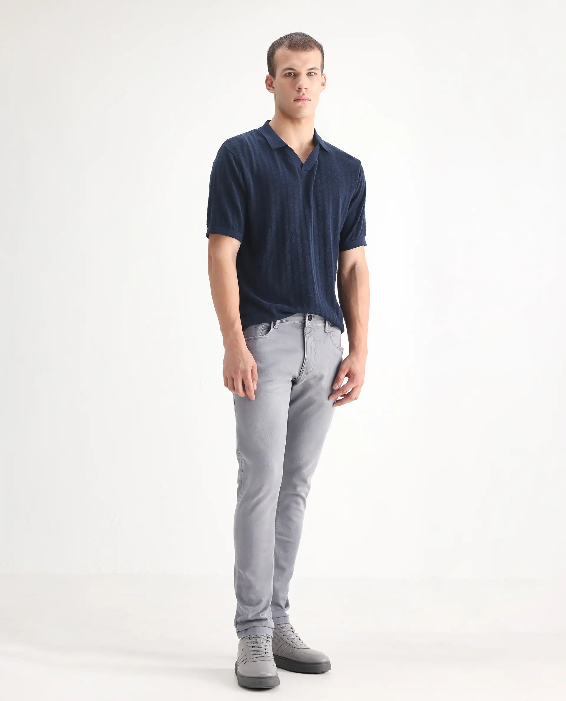 Rare Rabbit Men's Velles Light Grey Cotton Plain Hawk Slim Fit Jeans