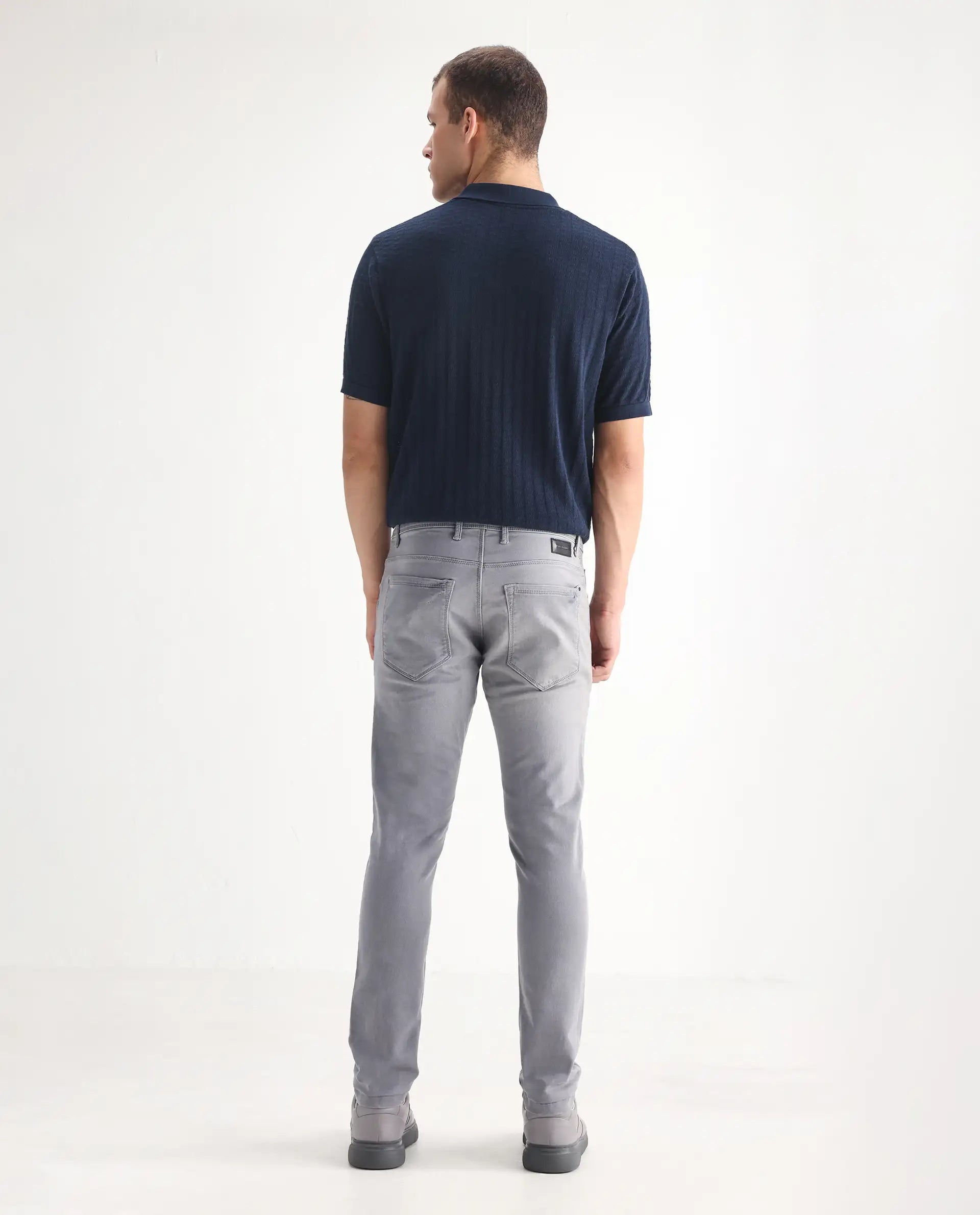 Rare Rabbit Men's Velles Light Grey Cotton Plain Hawk Slim Fit Jeans