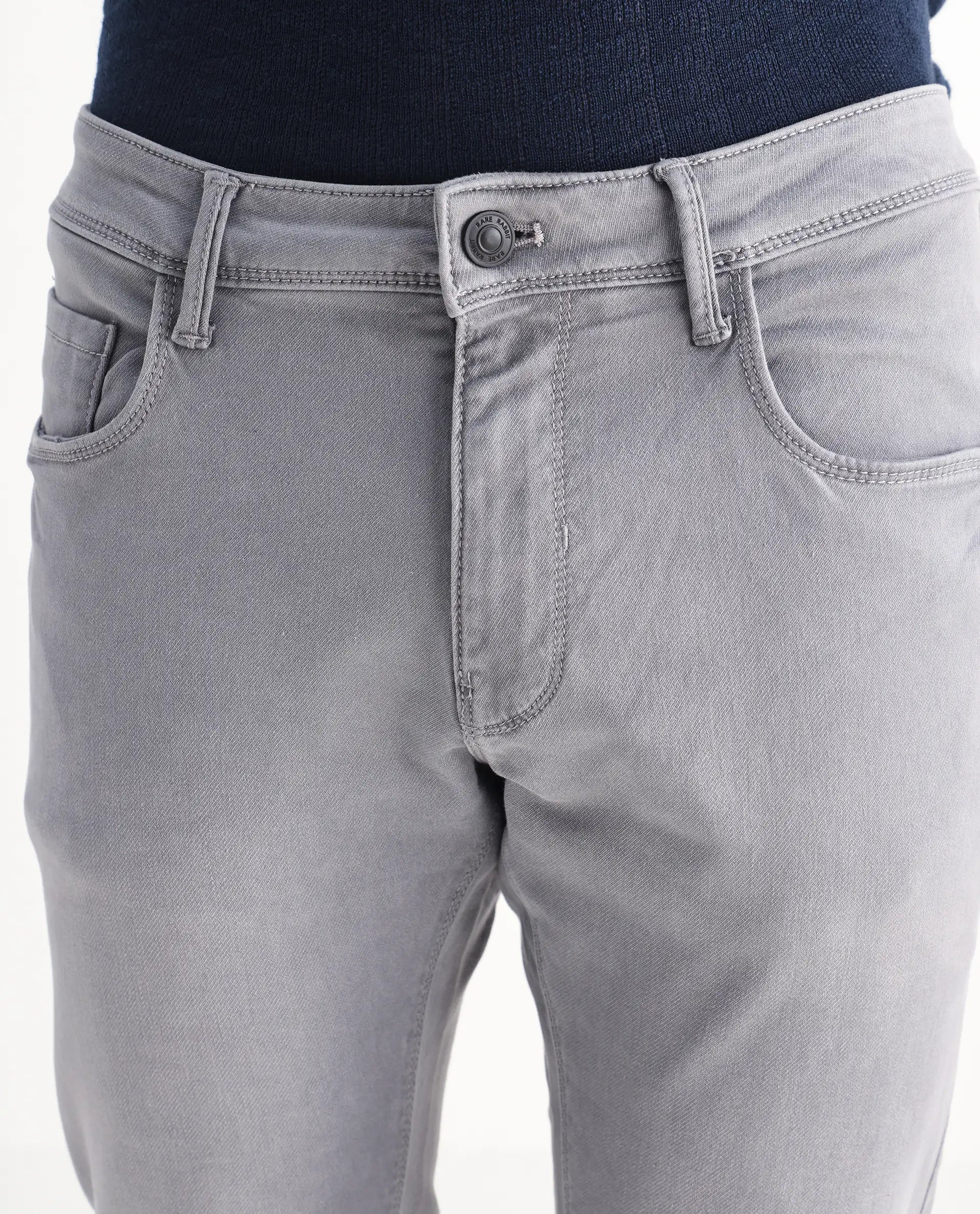 Rare Rabbit Men's Velles Light Grey Cotton Plain Hawk Slim Fit Jeans