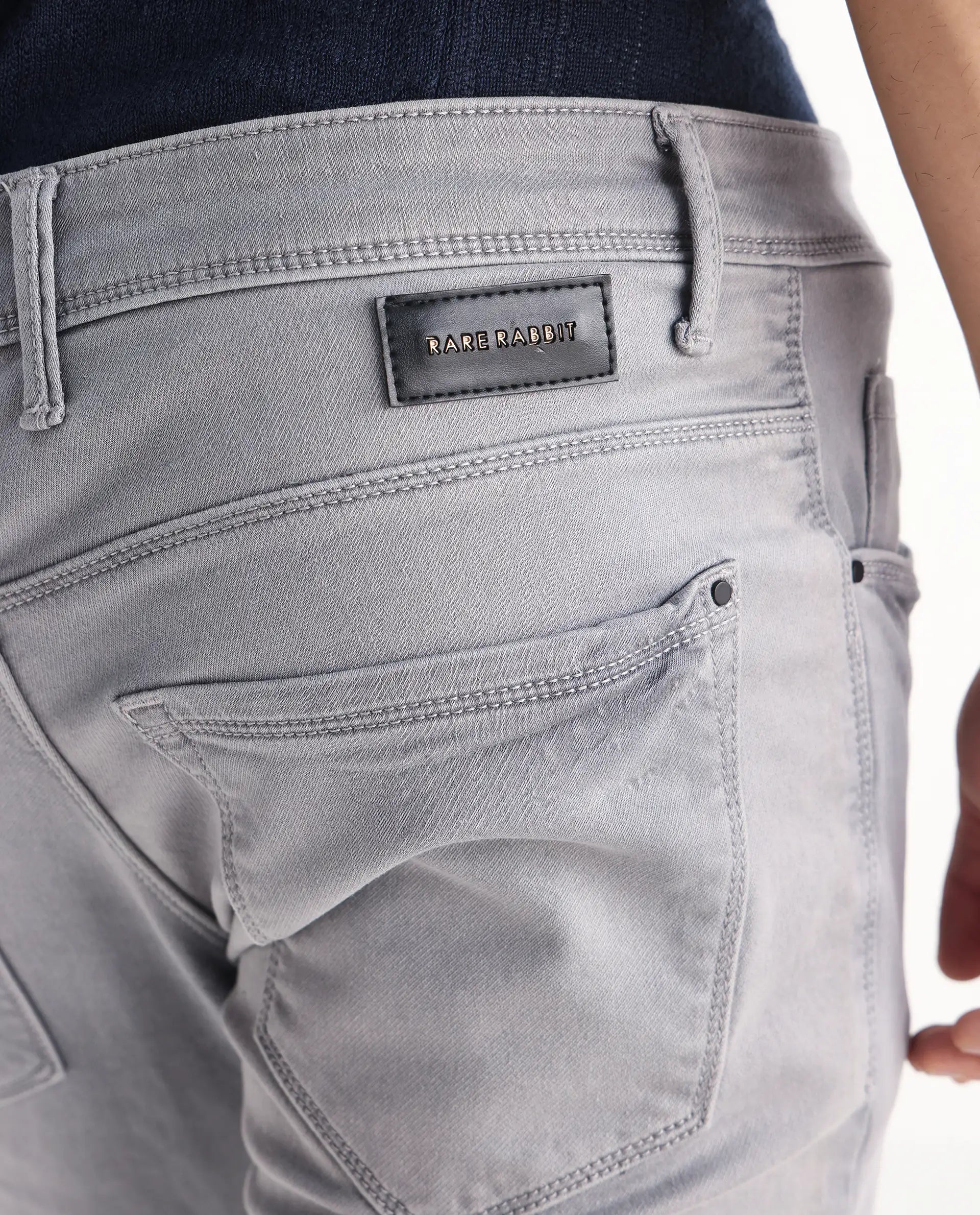 Rare Rabbit Men's Velles Light Grey Cotton Plain Hawk Slim Fit Jeans