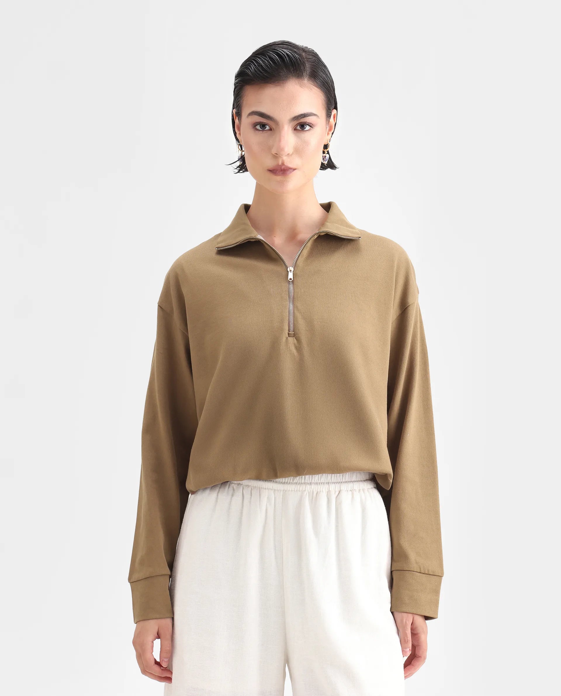 Rareism Women's Velma Dark Beige Nylon Blend High Neck Plain Crop Relaxed Fit Top