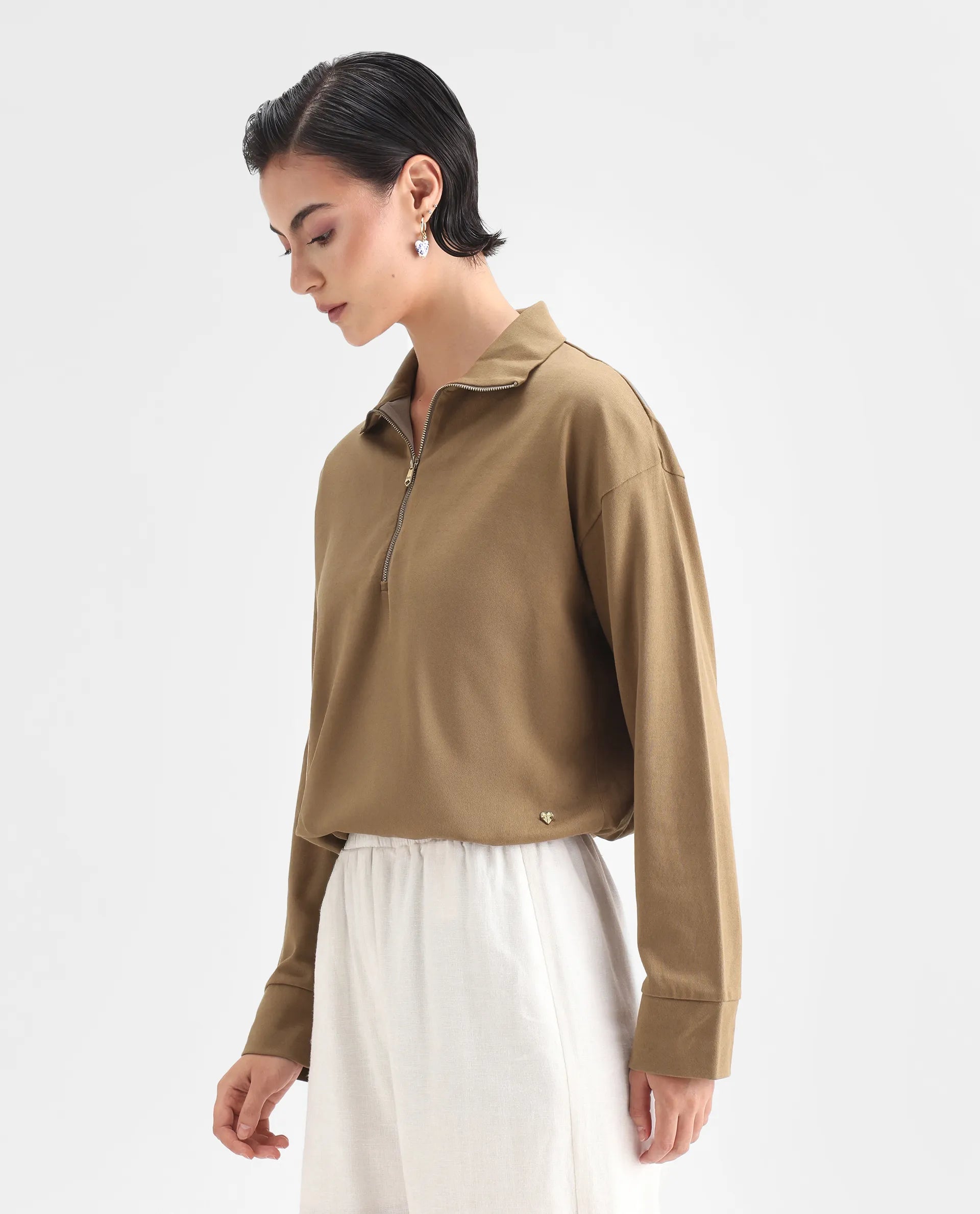 Rareism Women's Velma Dark Beige Nylon Blend High Neck Plain Crop Relaxed Fit Top