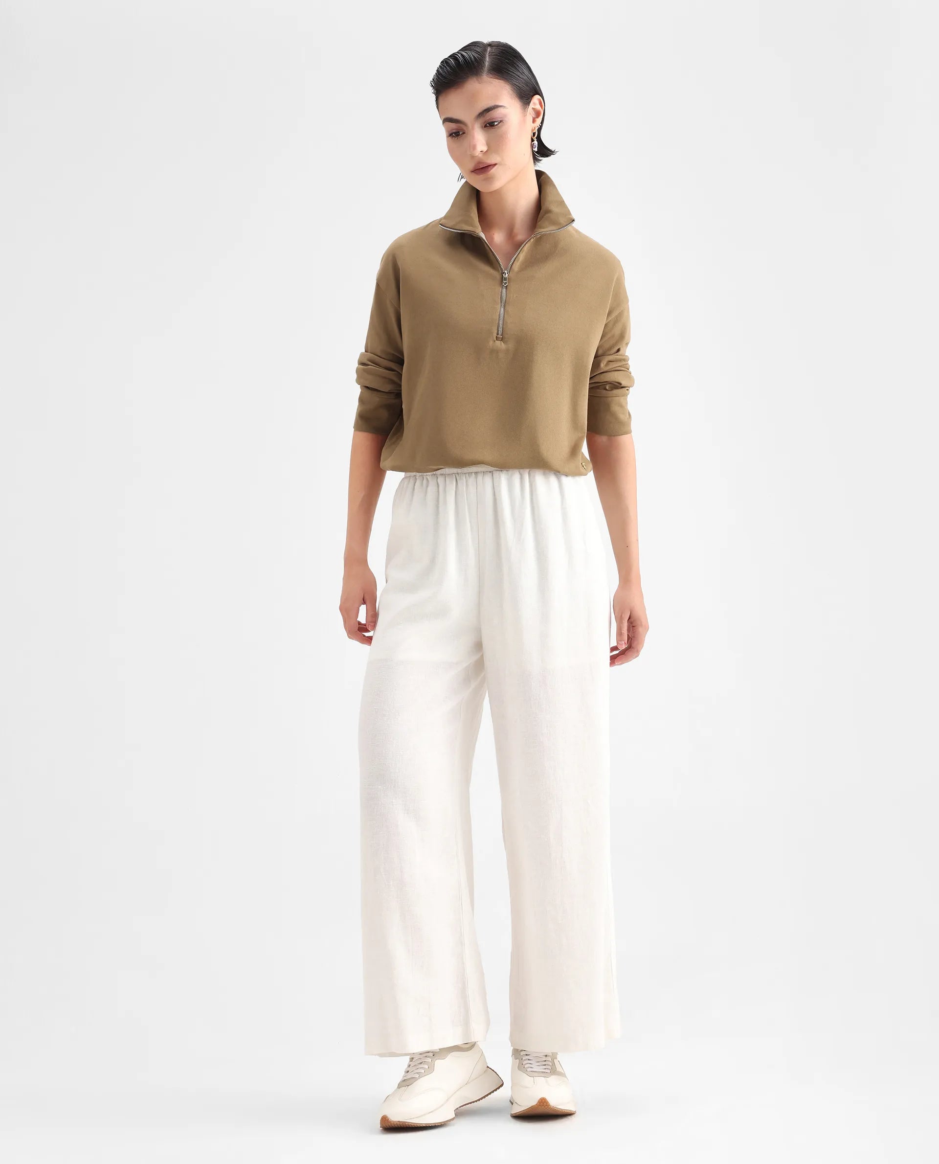 Rareism Women's Velma Dark Beige Nylon Blend High Neck Plain Crop Relaxed Fit Top