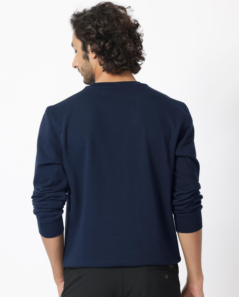 RARE RABBIT MENS VELOT NAVY SWEATSHIRT COTTON POLYESTER TERRY FABRIC ROUND NECK KNITTED FULL SLEEVES COMFORTABLE FIT
