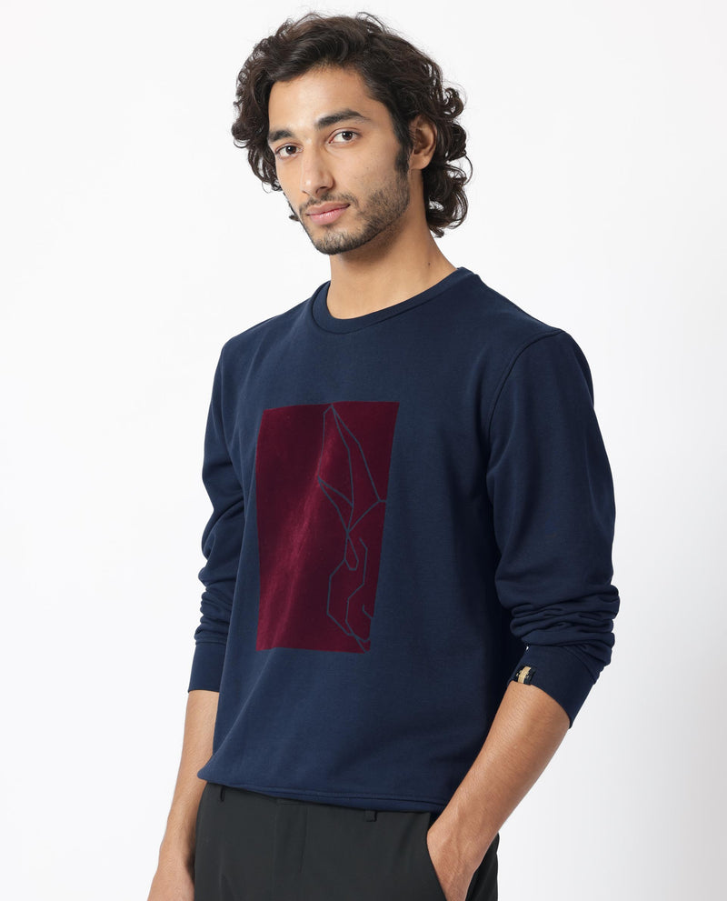 RARE RABBIT MENS VELOT NAVY SWEATSHIRT COTTON POLYESTER TERRY FABRIC ROUND NECK KNITTED FULL SLEEVES COMFORTABLE FIT