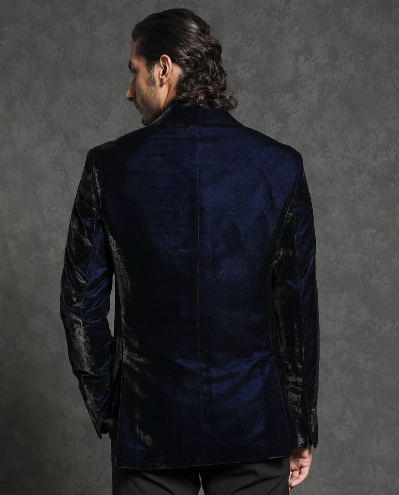 Rare Rabbit Men's Velter Dark Blue Polyester Viscose Fabric Single Breasted Tailored Fit Two Tone Velvet Blazer