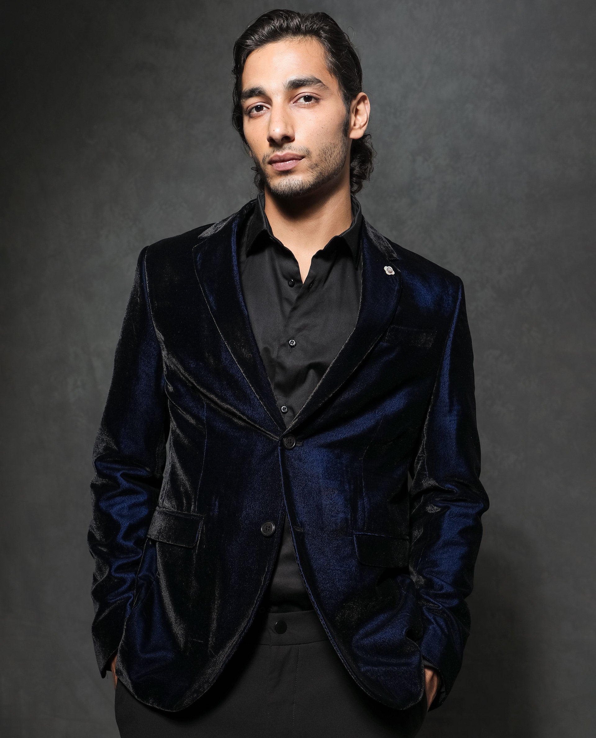 Rare Rabbit Men's Velter Dark Blue Polyester Viscose Fabric Single Breasted Tailored Fit Two Tone Velvet Blazer