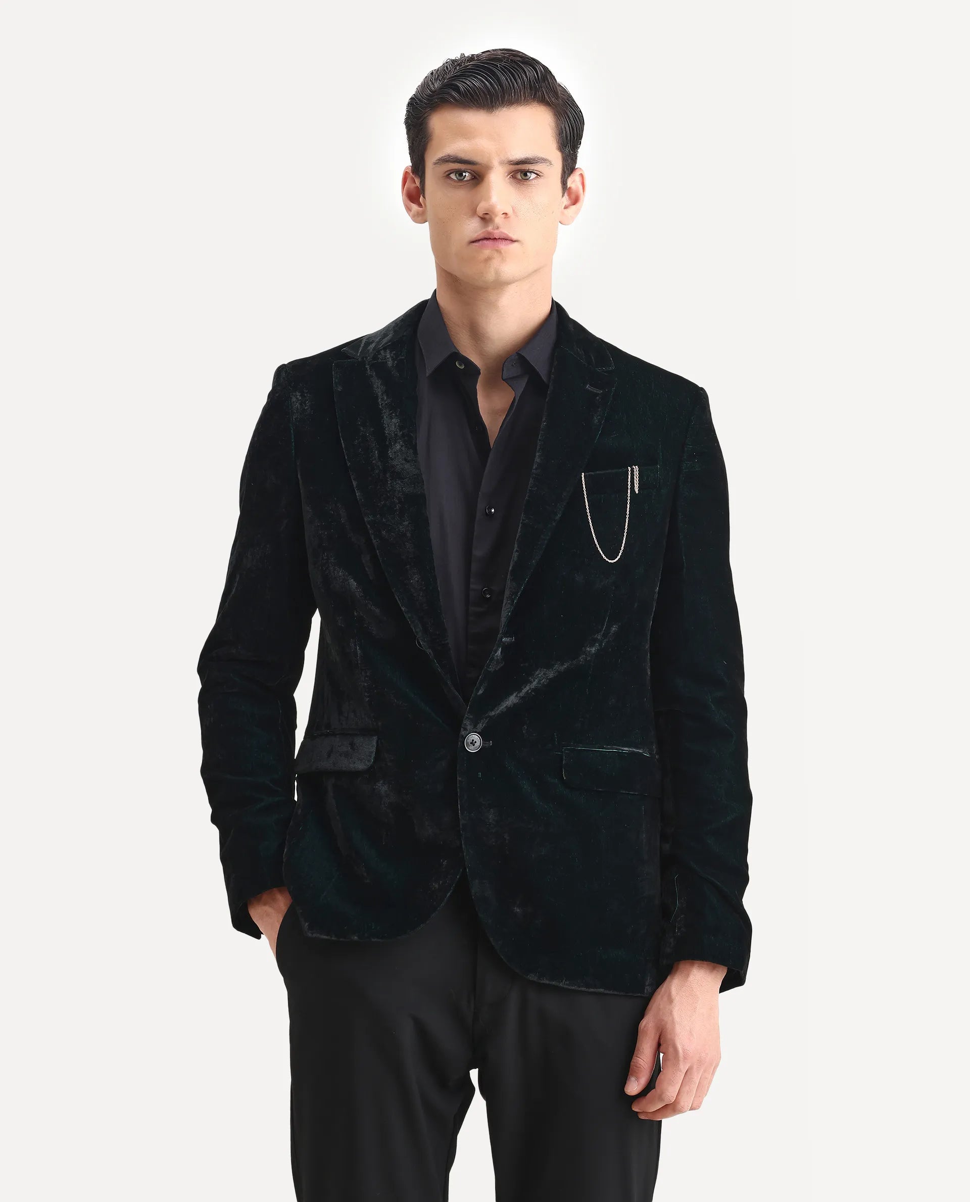 Rare Rabbit Men's Velter Dark Teal Velvet Plain Tailored Fit Full Sleeve Lapel Neck Blazer