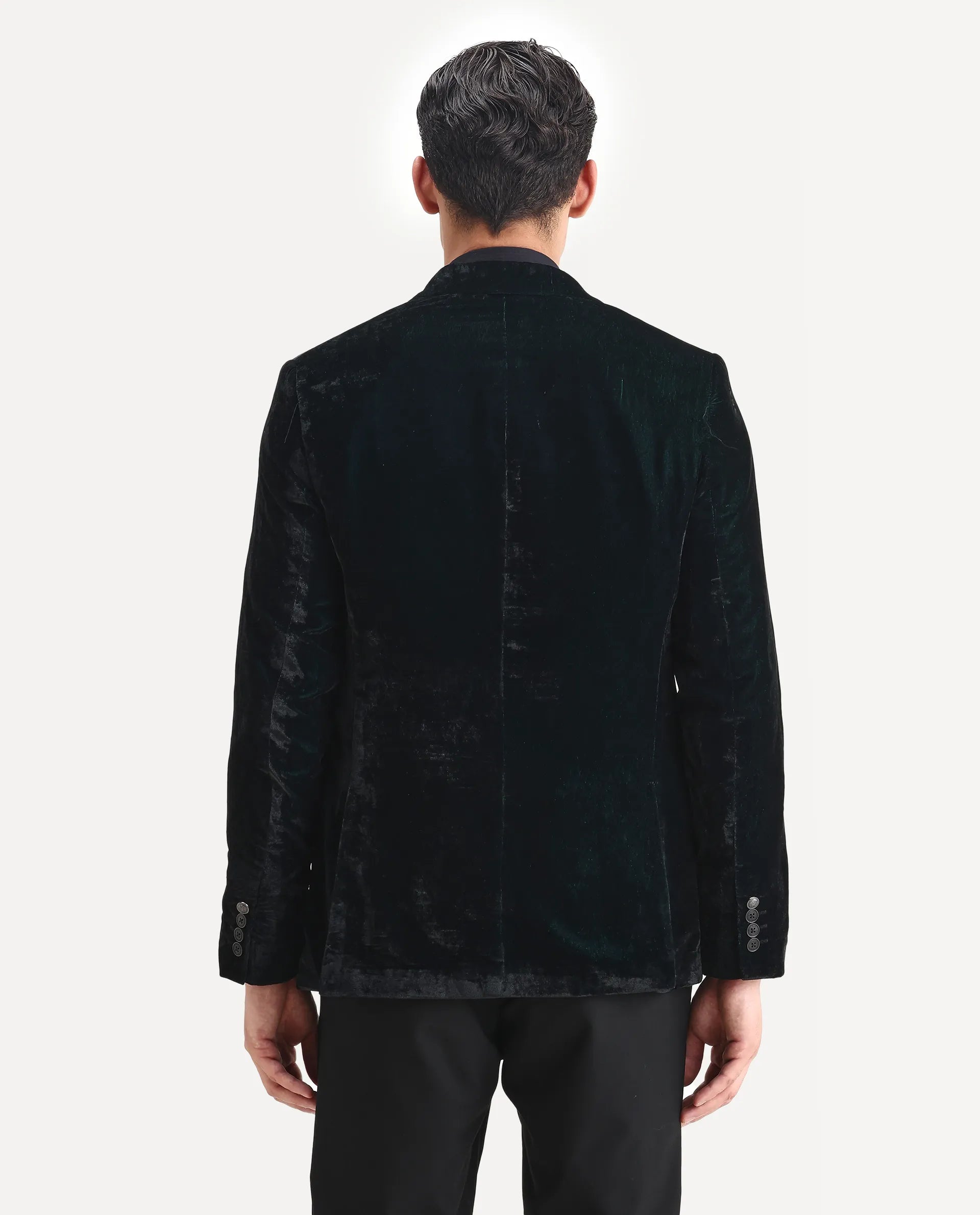 Rare Rabbit Men's Velter Dark Teal Velvet Plain Tailored Fit Full Sleeve Lapel Neck Blazer