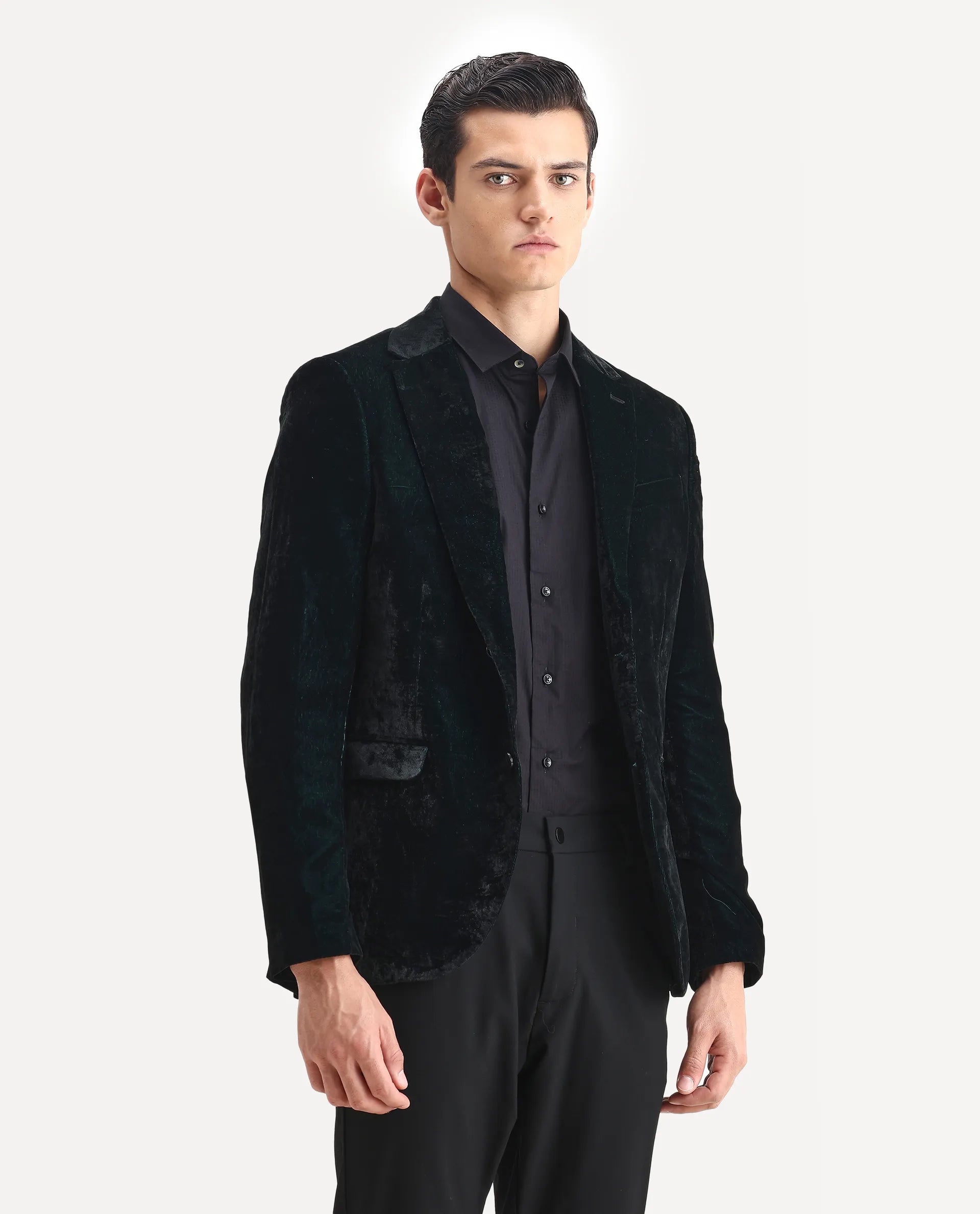 Rare Rabbit Men's Velter Dark Teal Velvet Plain Tailored Fit Full Sleeve Lapel Neck Blazer