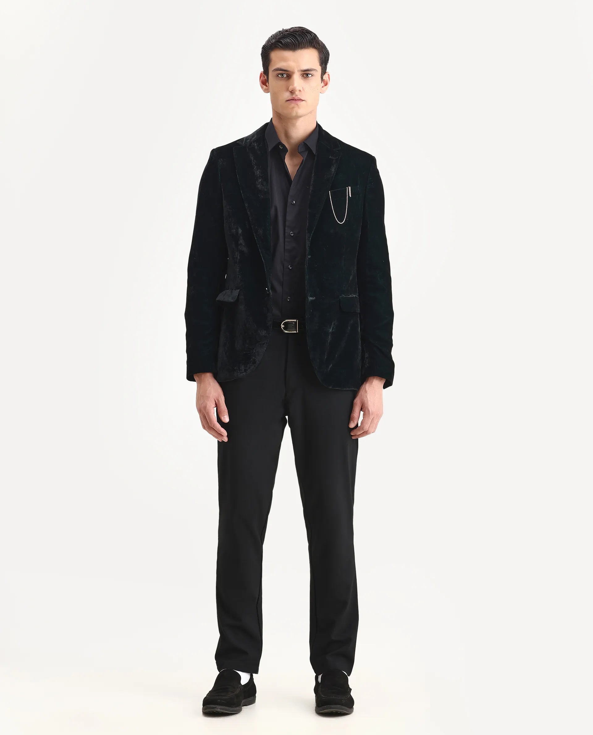 Rare Rabbit Men's Velter Dark Teal Velvet Plain Tailored Fit Full Sleeve Lapel Neck Blazer