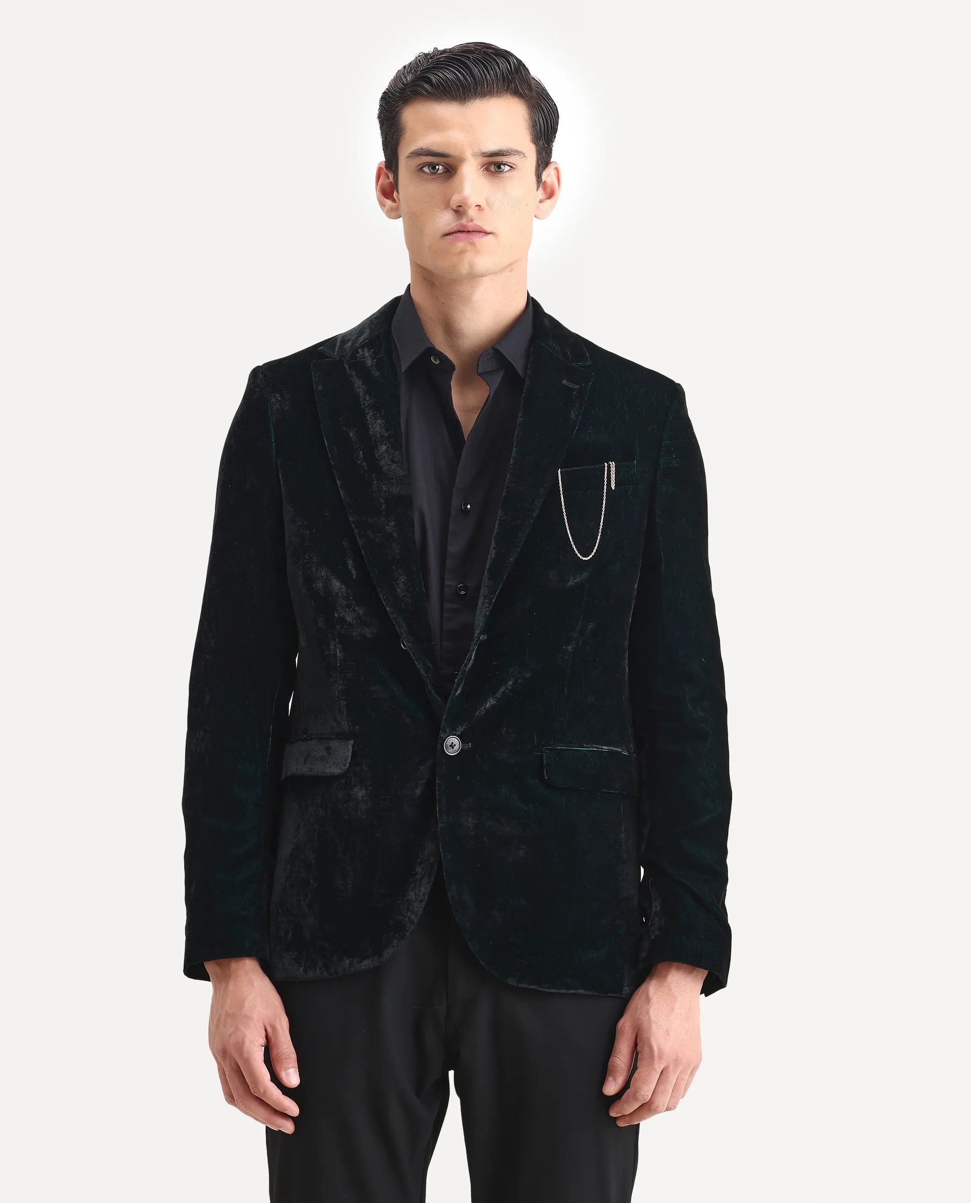 Rare Rabbit Men's Velter Dark Teal Velvet Plain Tailored Fit Full Sleeve Lapel Neck Blazer